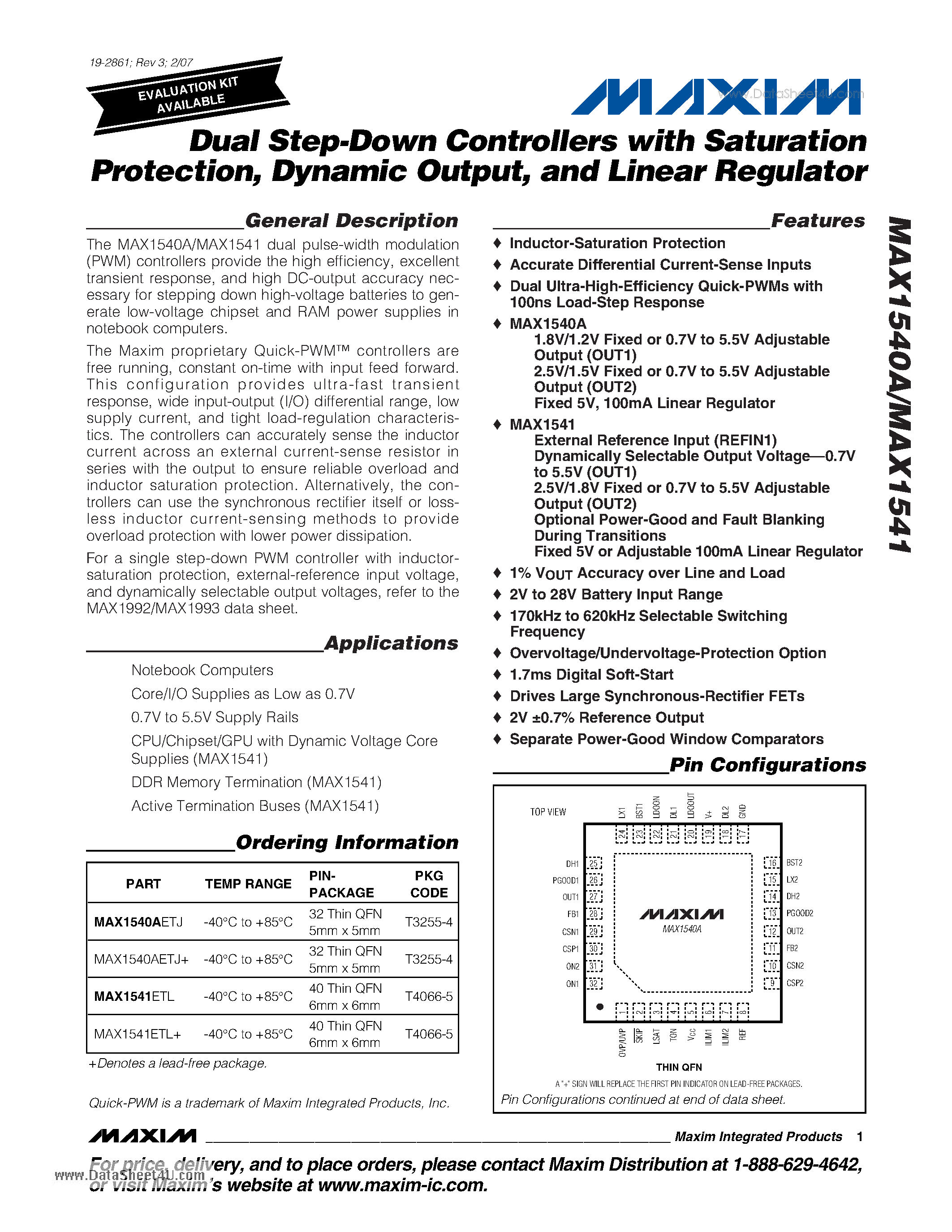 Datasheet MAX1540A - Dual Step-Down Controllers page 1
