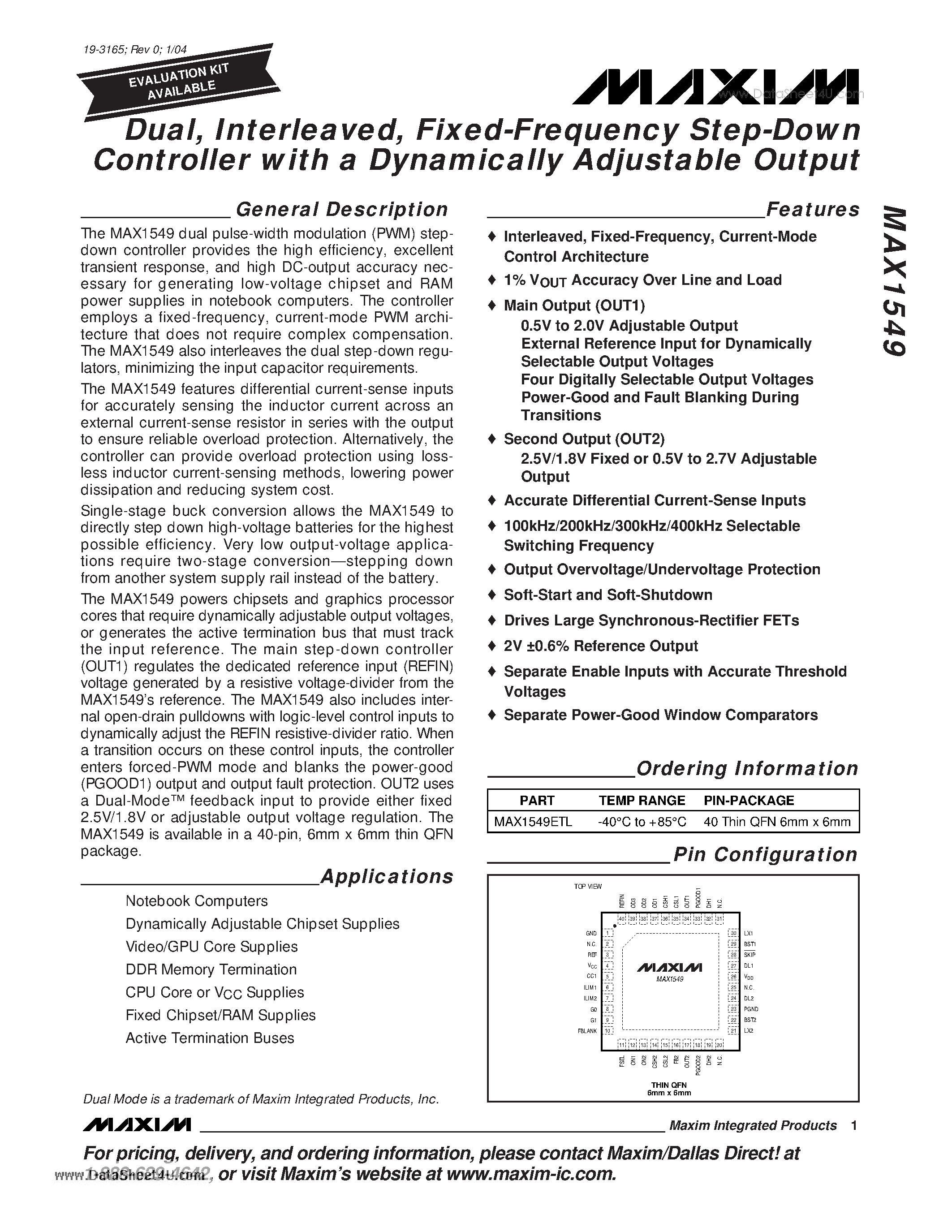 Datasheet MAX1549 - Fixed-Frequency Step-Down Controller page 1
