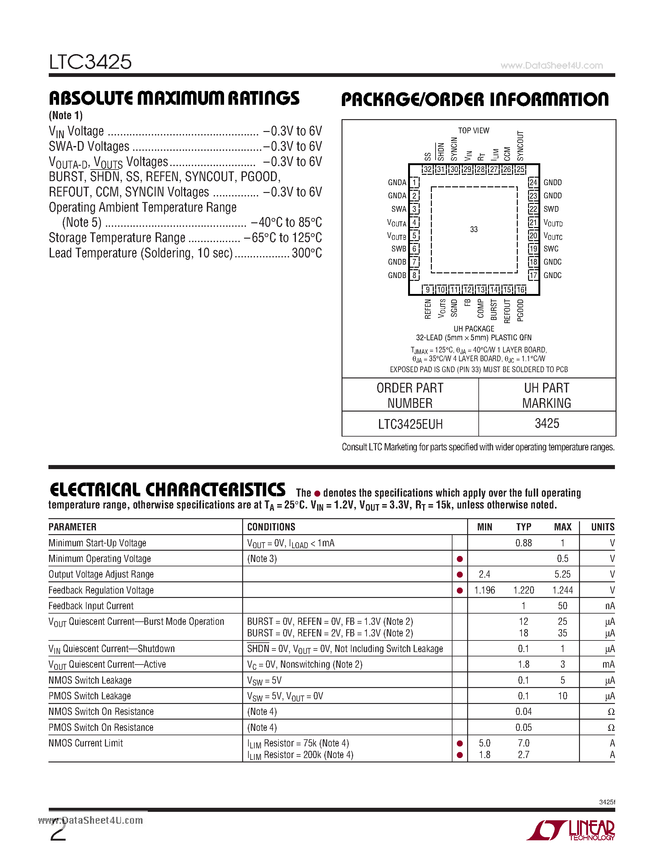 Даташит LTC3425 - 5A 8MHz 4-Phase Synchronous Step-Up DC/DC Converter страница 2