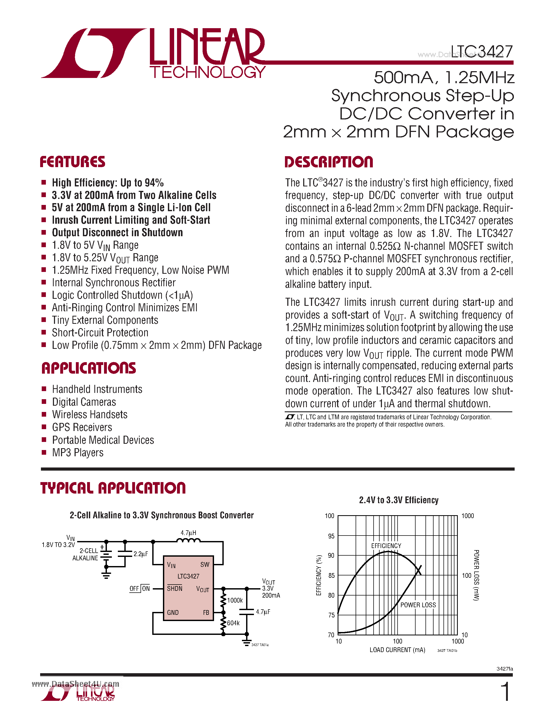 Datasheet LTC3427 page 1 Datasheet LTC3427 - 500mA 1.25MHz Synchronous Step-Up DC/DC Converter page 1