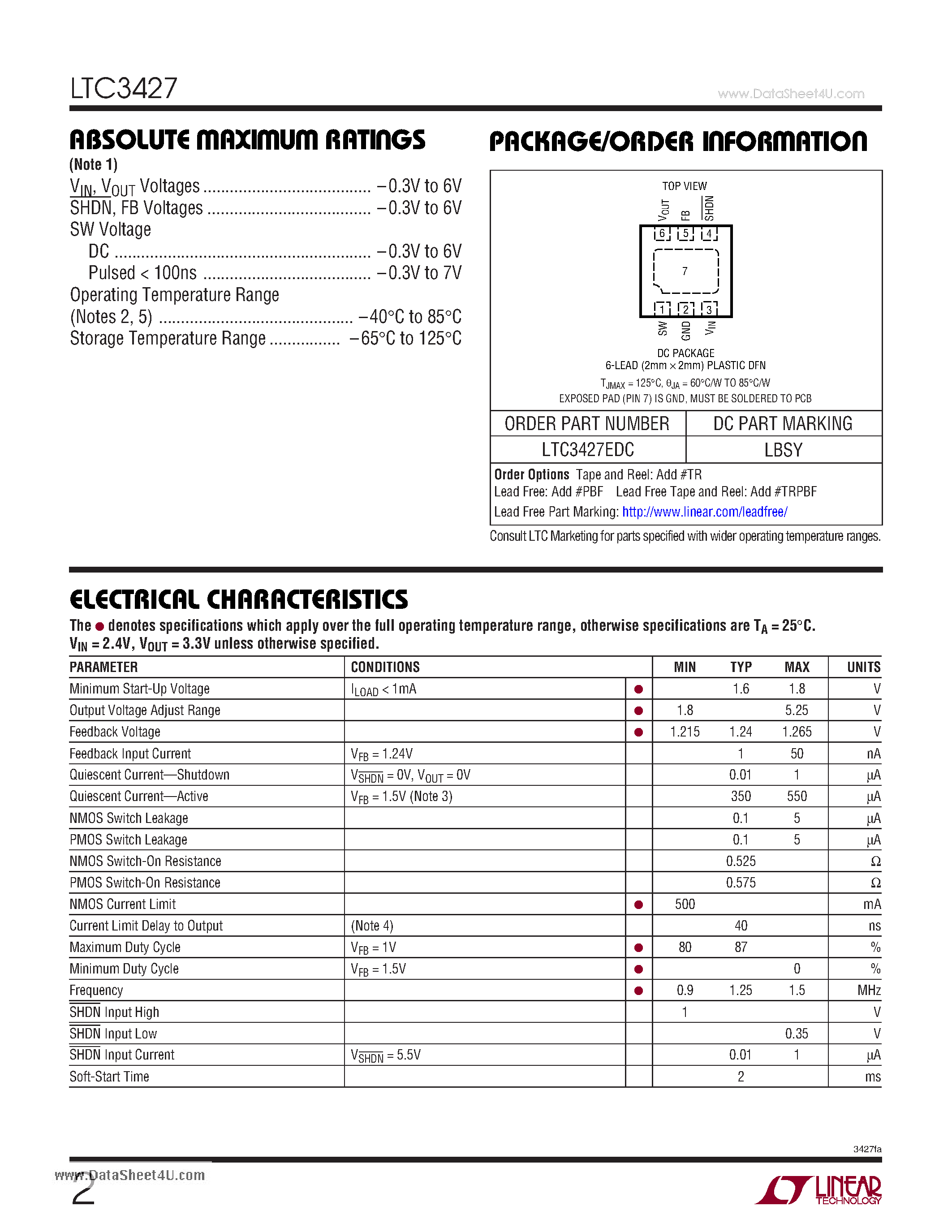 Datasheet LTC3427 page 2 Datasheet LTC3427 - 500mA 1.25MHz Synchronous Step-Up DC/DC Converter page 2