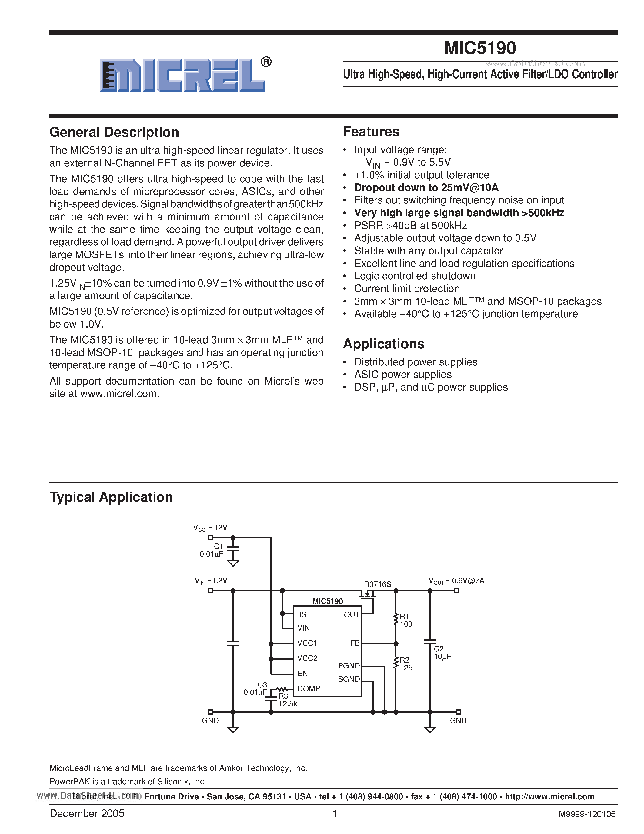 Даташит MIC5190 - Ultra High-Speed High-Current Active Filter/LDO Controller страница 1