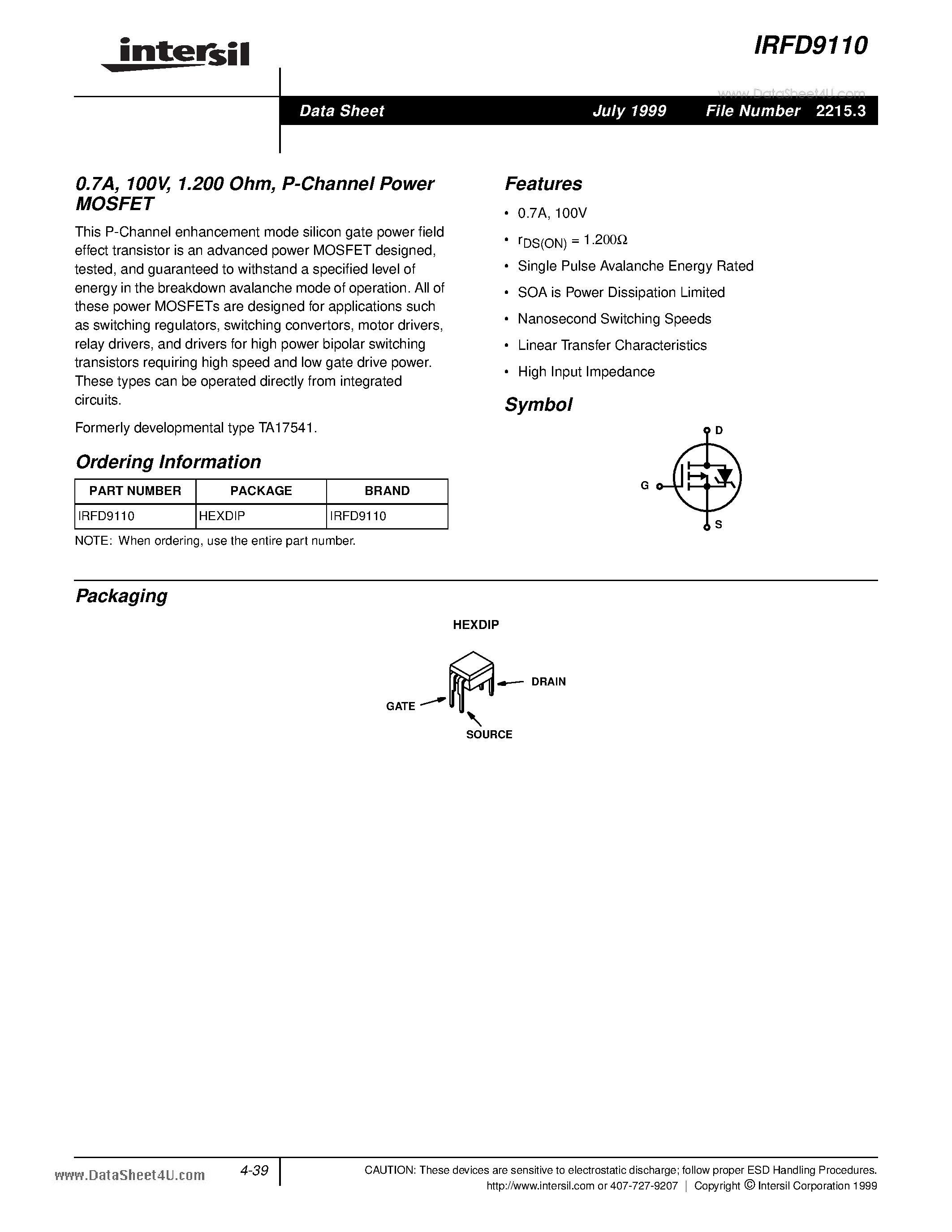 Datasheet IRFC9110 - P-Channel Power MOSFET page 1