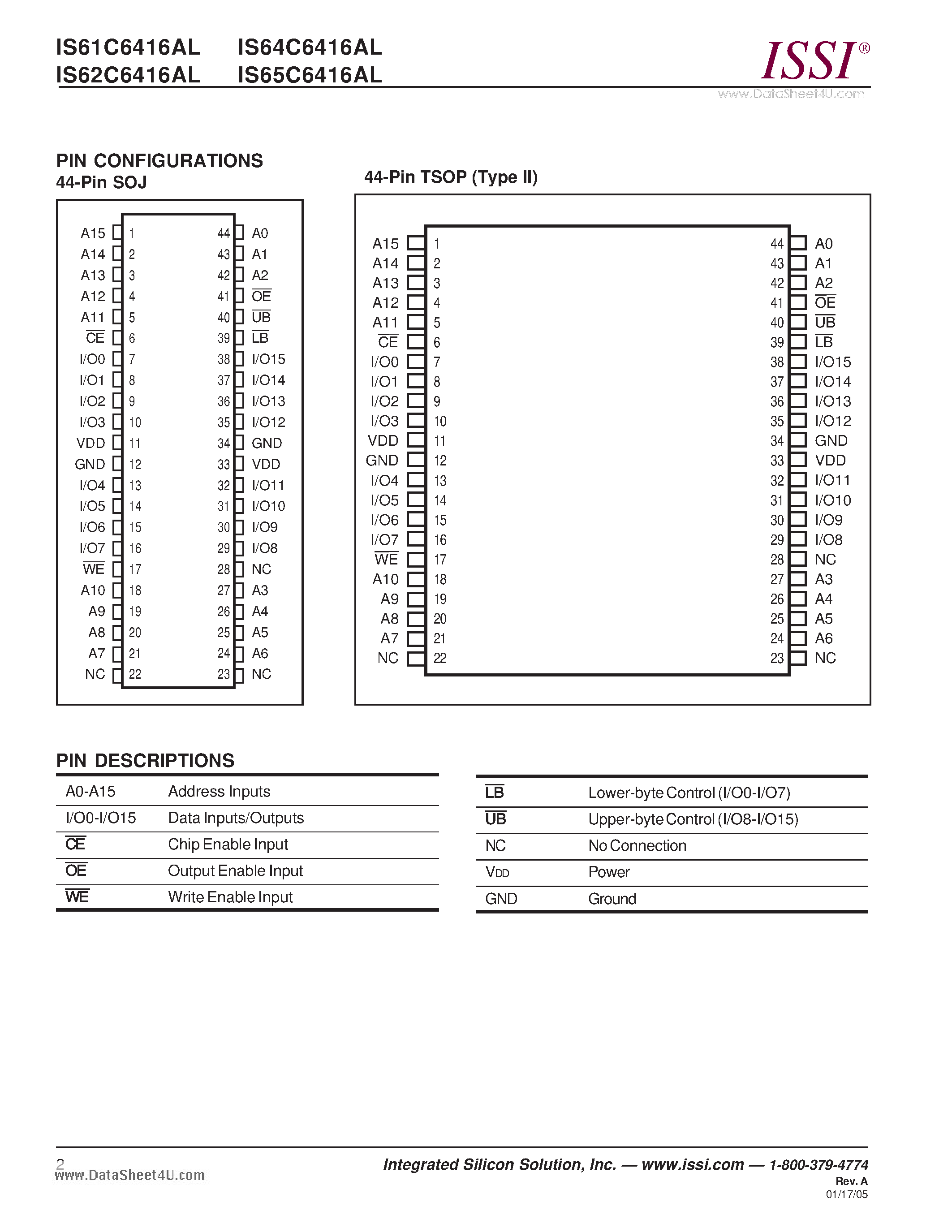 Даташит IS61C6416AL - 64K x 16 HIGH-SPEED CMOS STATIC RAM страница 2