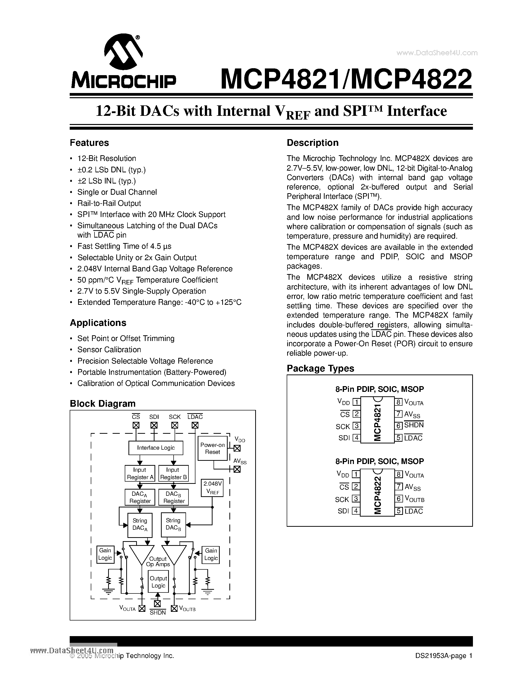 Даташит MCP4821 - (MCP4821 / MCP4822) 12-Bit DACs страница 1