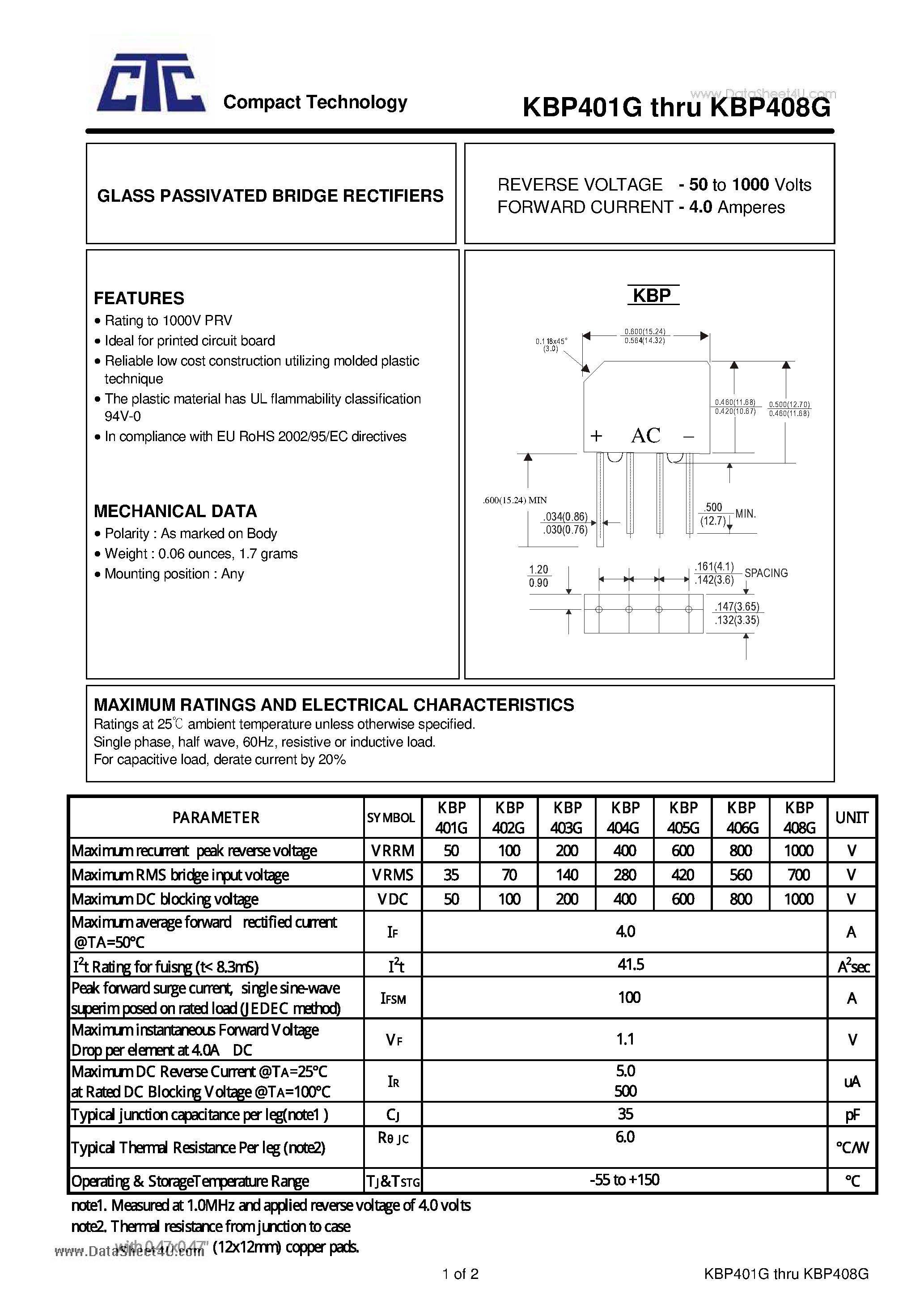 Datasheet KBP401G page 1 Datasheet KBP401G - (KBP401G - KBP408G) GLASS PASSIVATED BRIDGE RECTIFIERS page 1