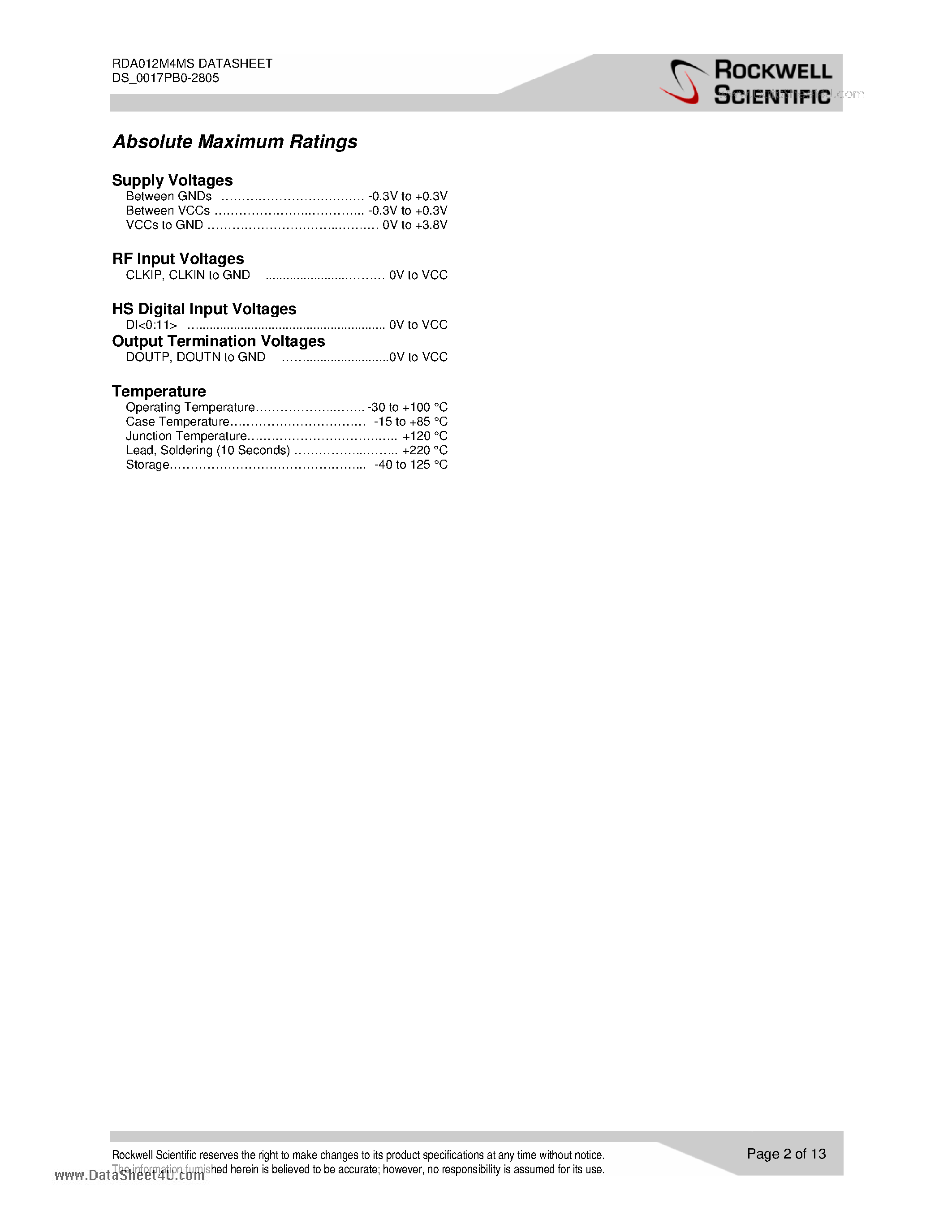 Datasheet RDA012M4MS - 12 Bit 1.3 GS/s Master-Slave 4:1 MUXDAC page 2
