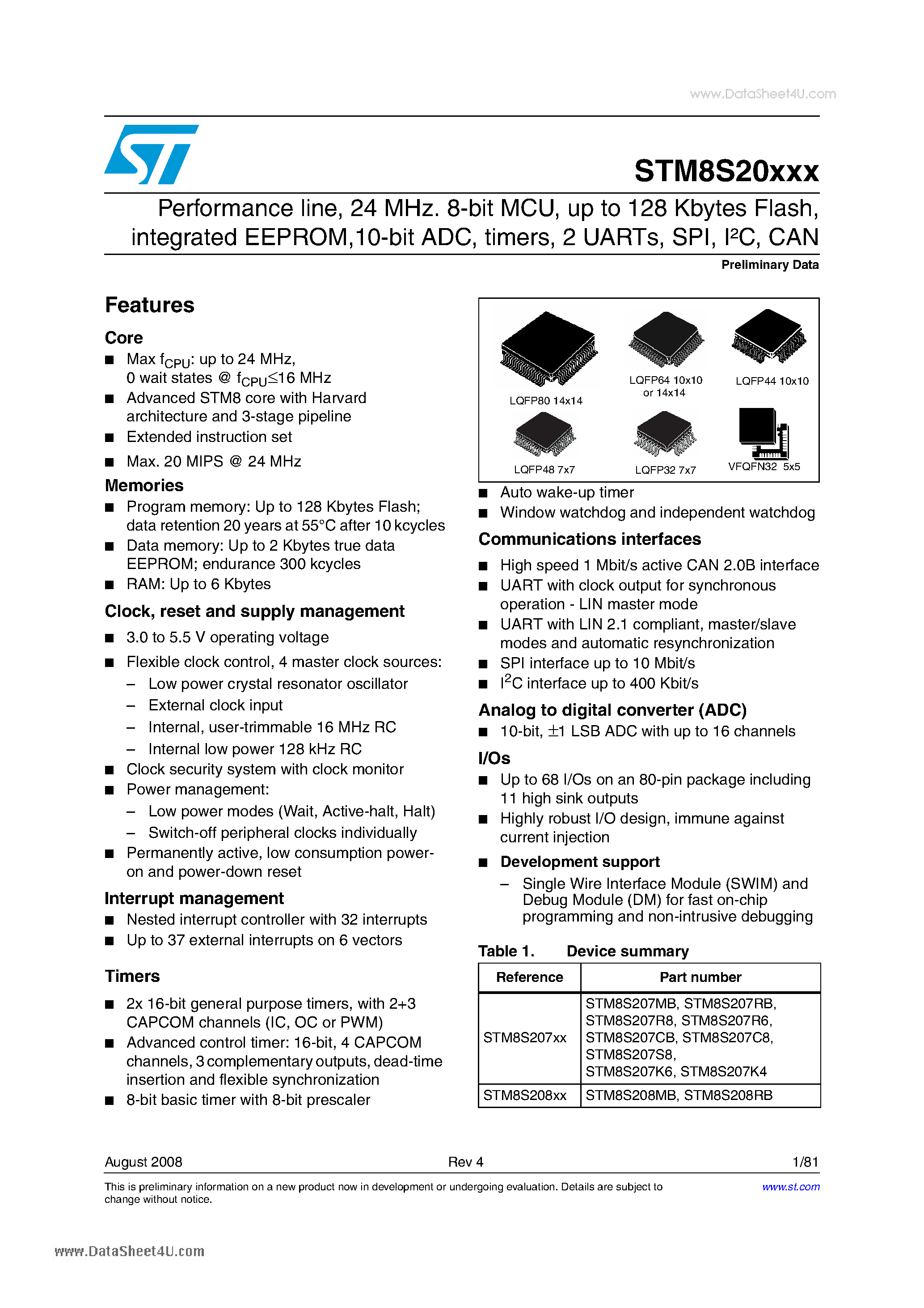 Datasheet STM8S207xx - 10-bit ADC page 1