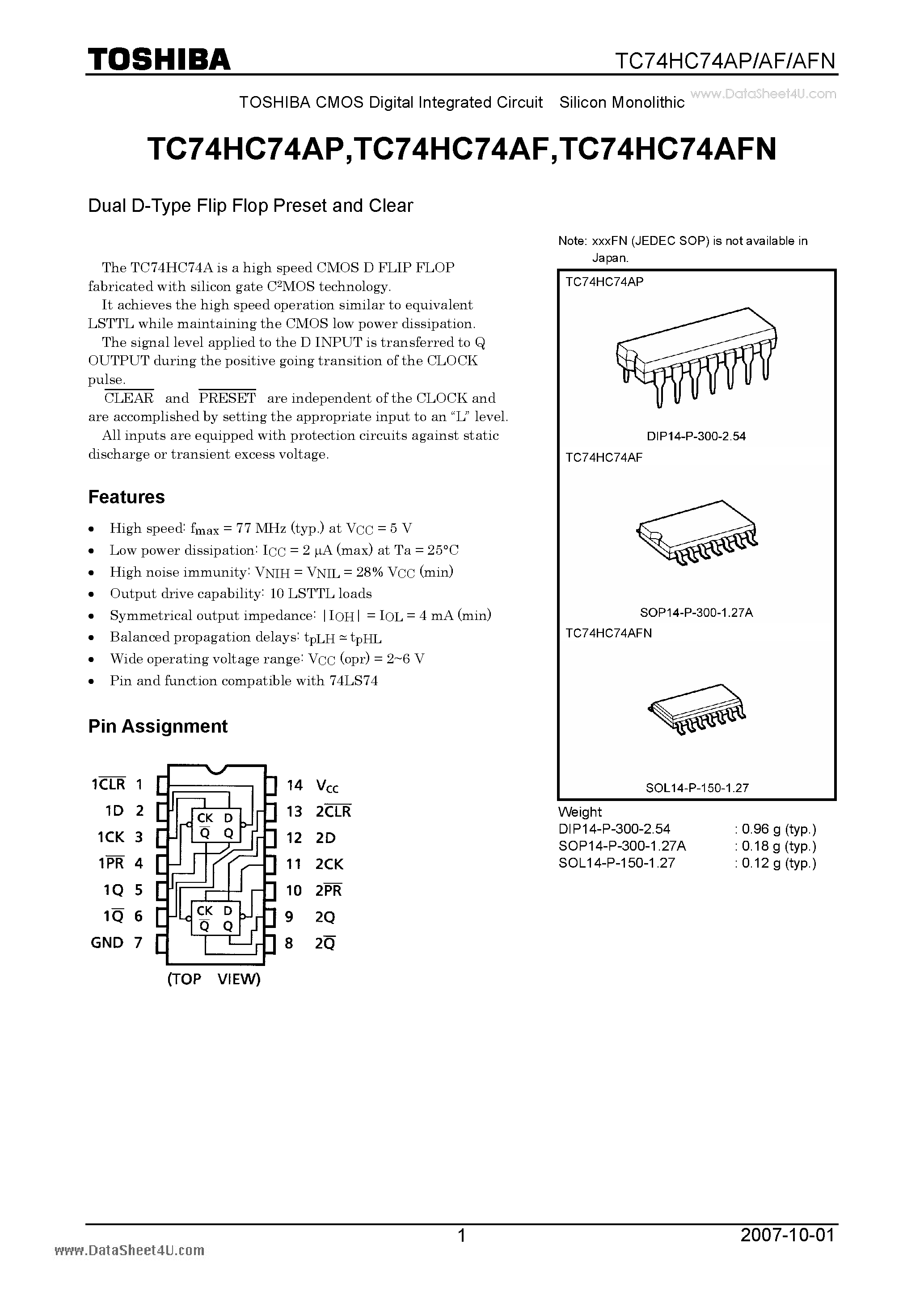 Даташит TC74HC74AF - CMOS Digital Integrated Circuit Silicon Monolithic Dual D-Type Flip Flop Preset and Clear страница 1
