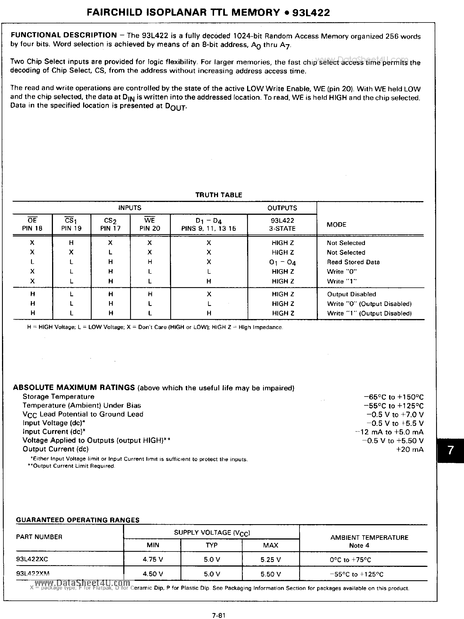 Datasheet 93L422 - TTL ISOPLANAR MEMORY page 2