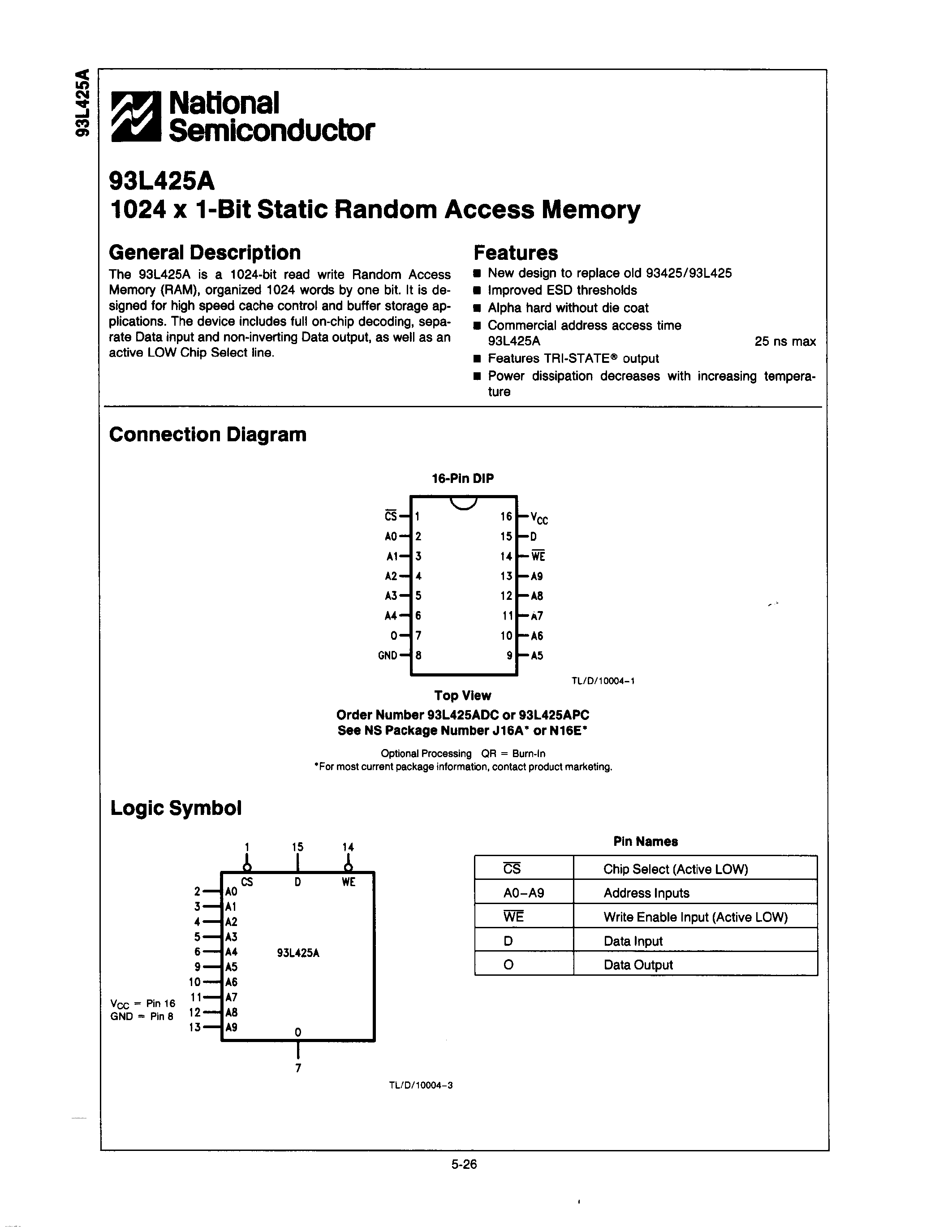 Datasheet 93L425A - 1024 X 1-BIT STATIC RANDOM ACCESS MEMORY page 1
