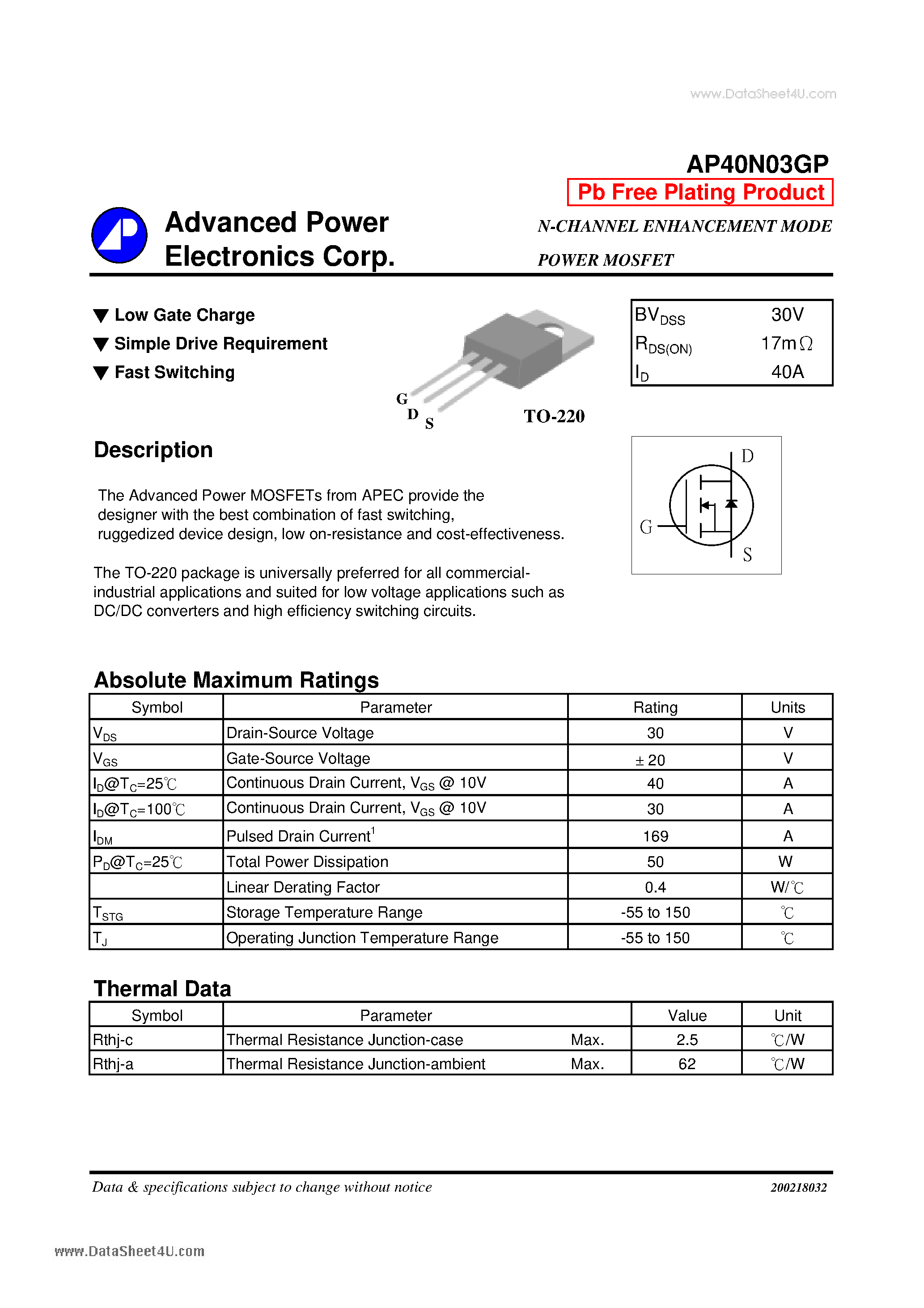 Datasheet AP40N03GP - N-CHANNEL ENHANCEMENT MODE page 1