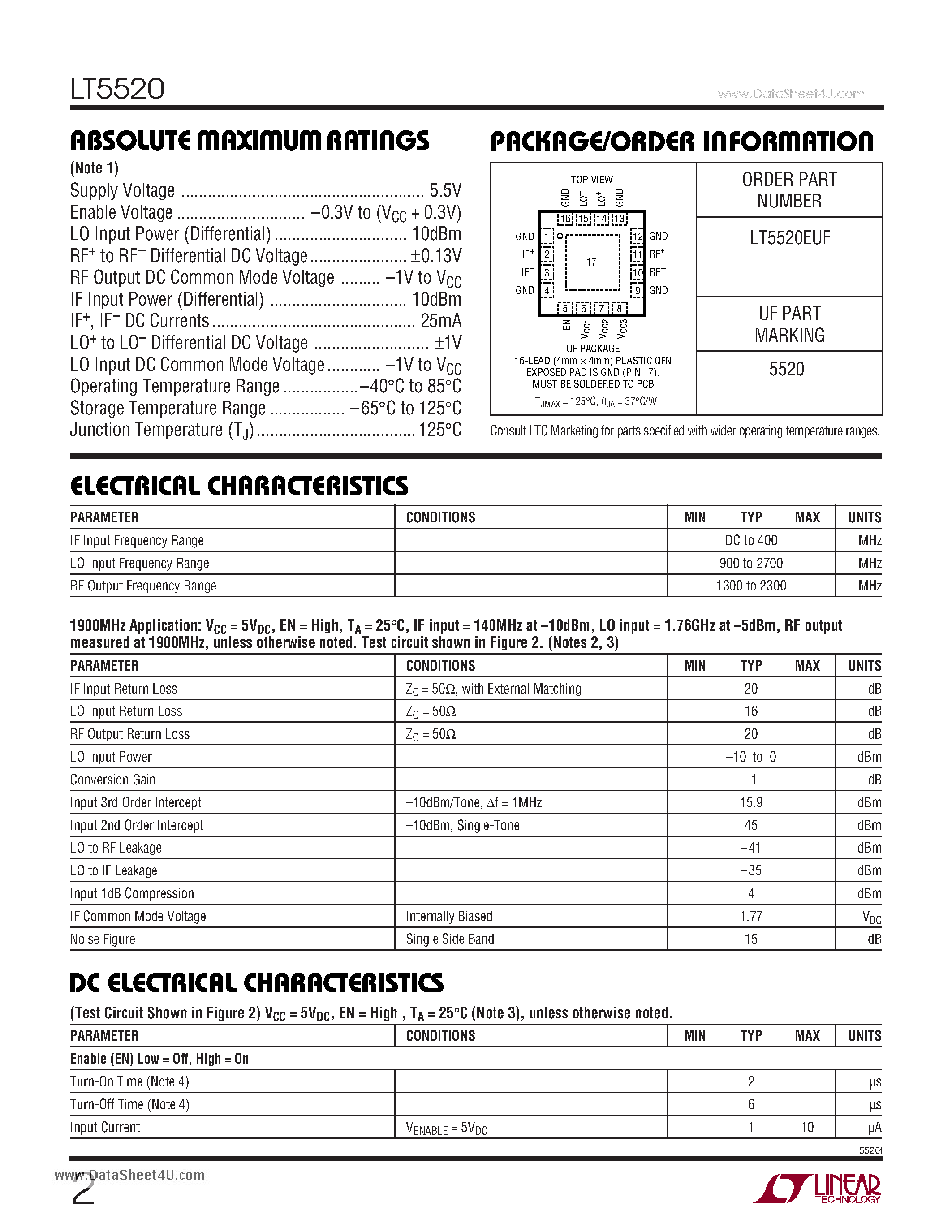 Datasheet LT5520 - 1.3GHz to 2.3GHz High Linearity Upconverting Mixer page 2