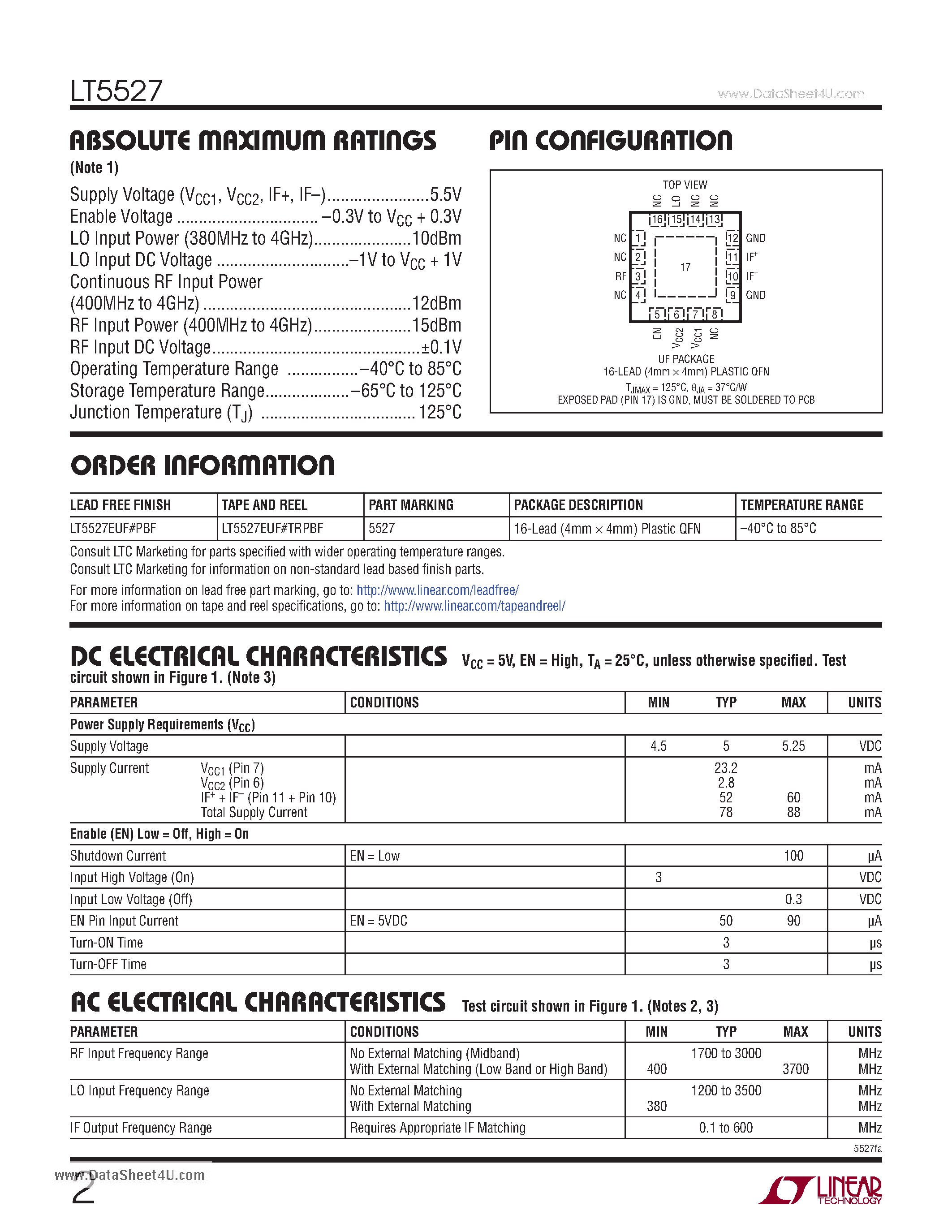Datasheet LT5527 - 400MHz to 3.7GHz 5V High Signal Level Downconverting Mixer page 2