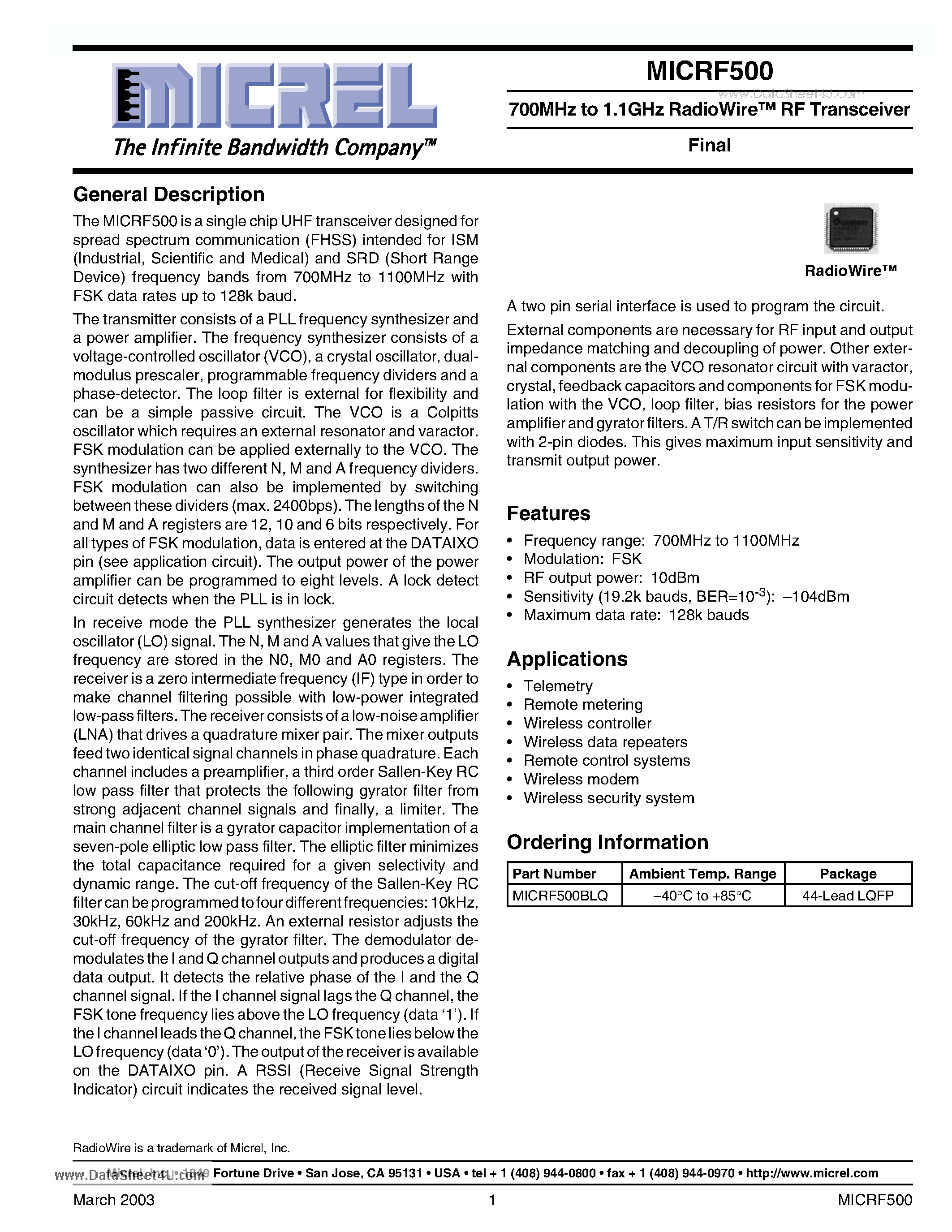 Datasheet MICRF500 - 700MHz to 1.1GHz RadioWire RF Transceiver page 1