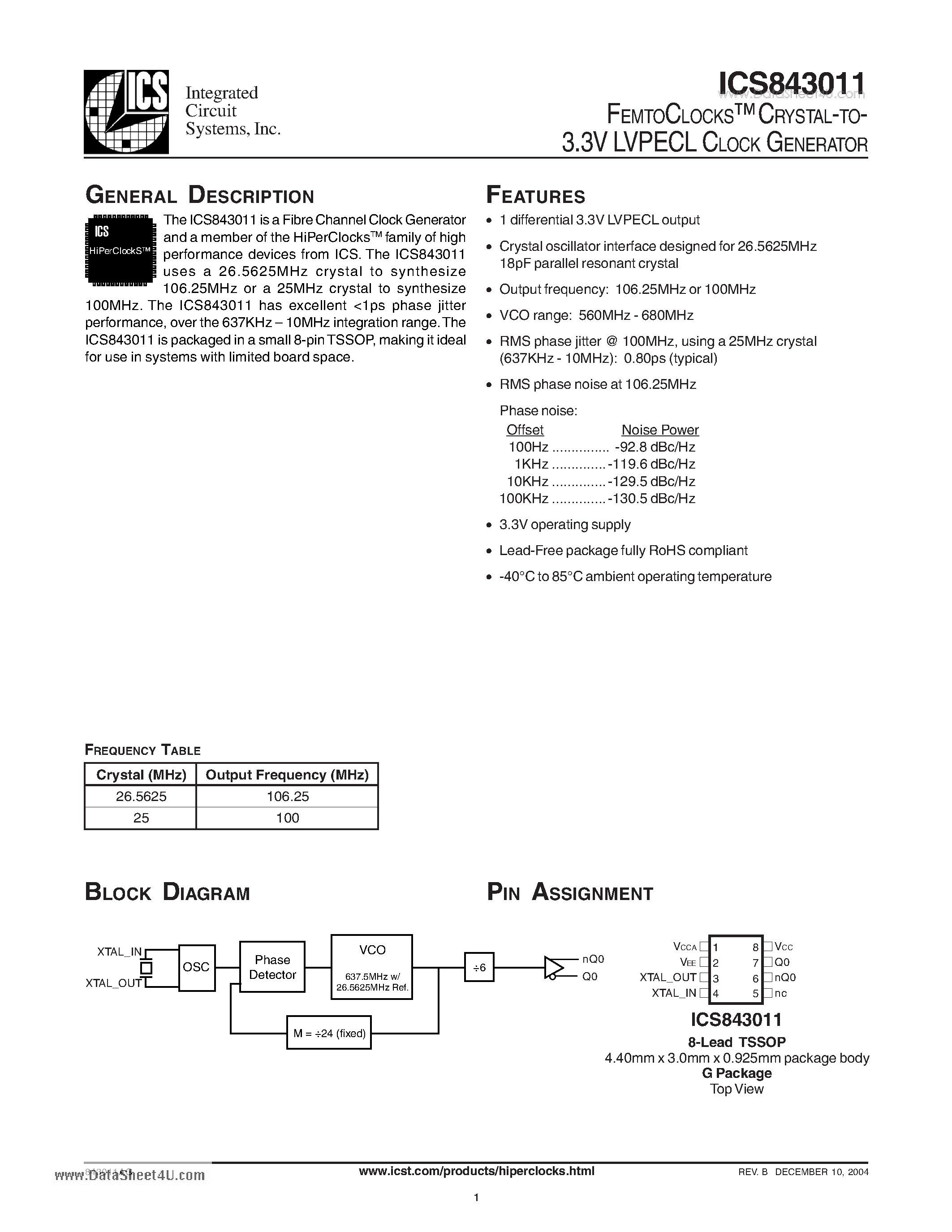 Даташит ICS843011 - FEMTOCLOCKS-TM CRYSTAL-TO- 3.3V LVPECL CLOCK GENERATOR страница 1