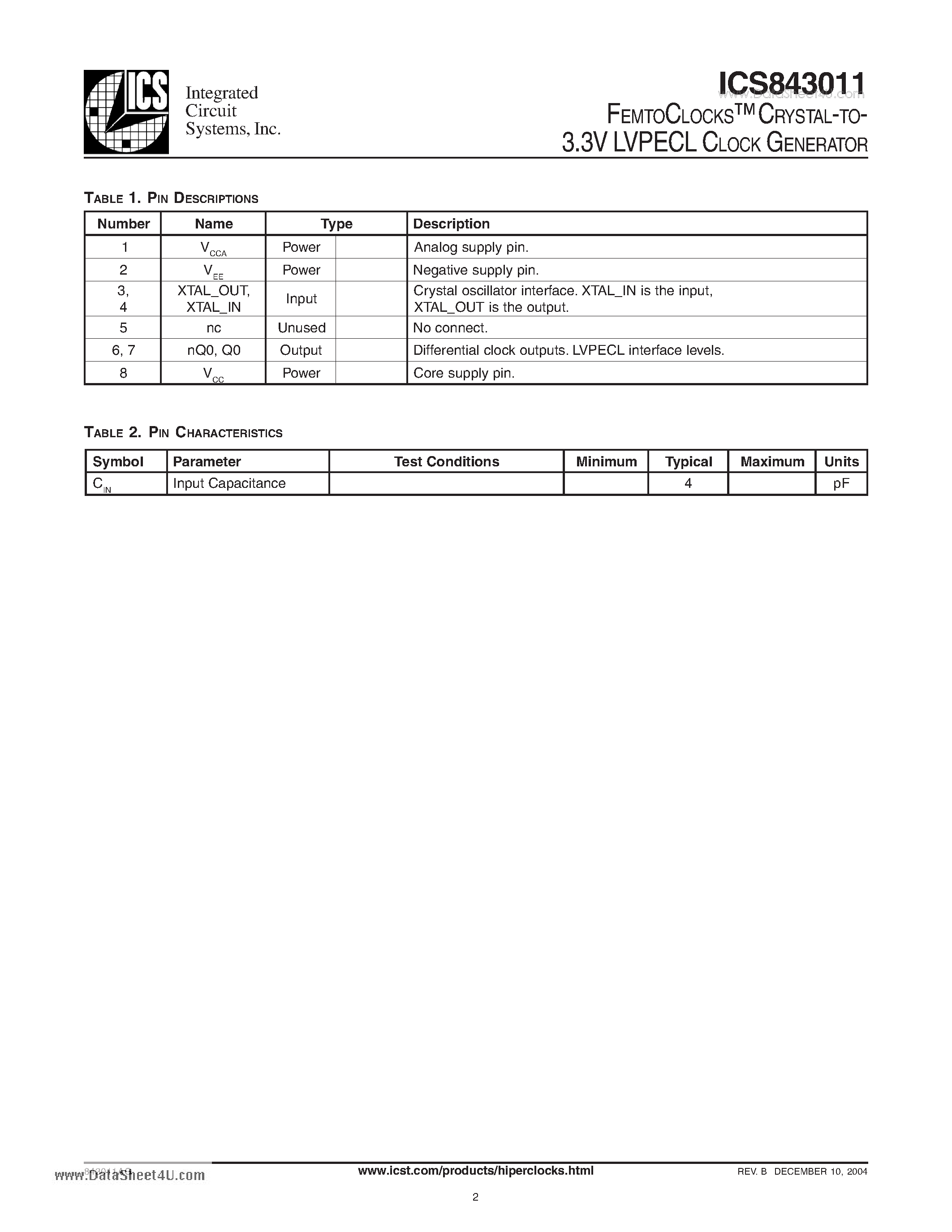 Даташит ICS843011 - FEMTOCLOCKS-TM CRYSTAL-TO- 3.3V LVPECL CLOCK GENERATOR страница 2
