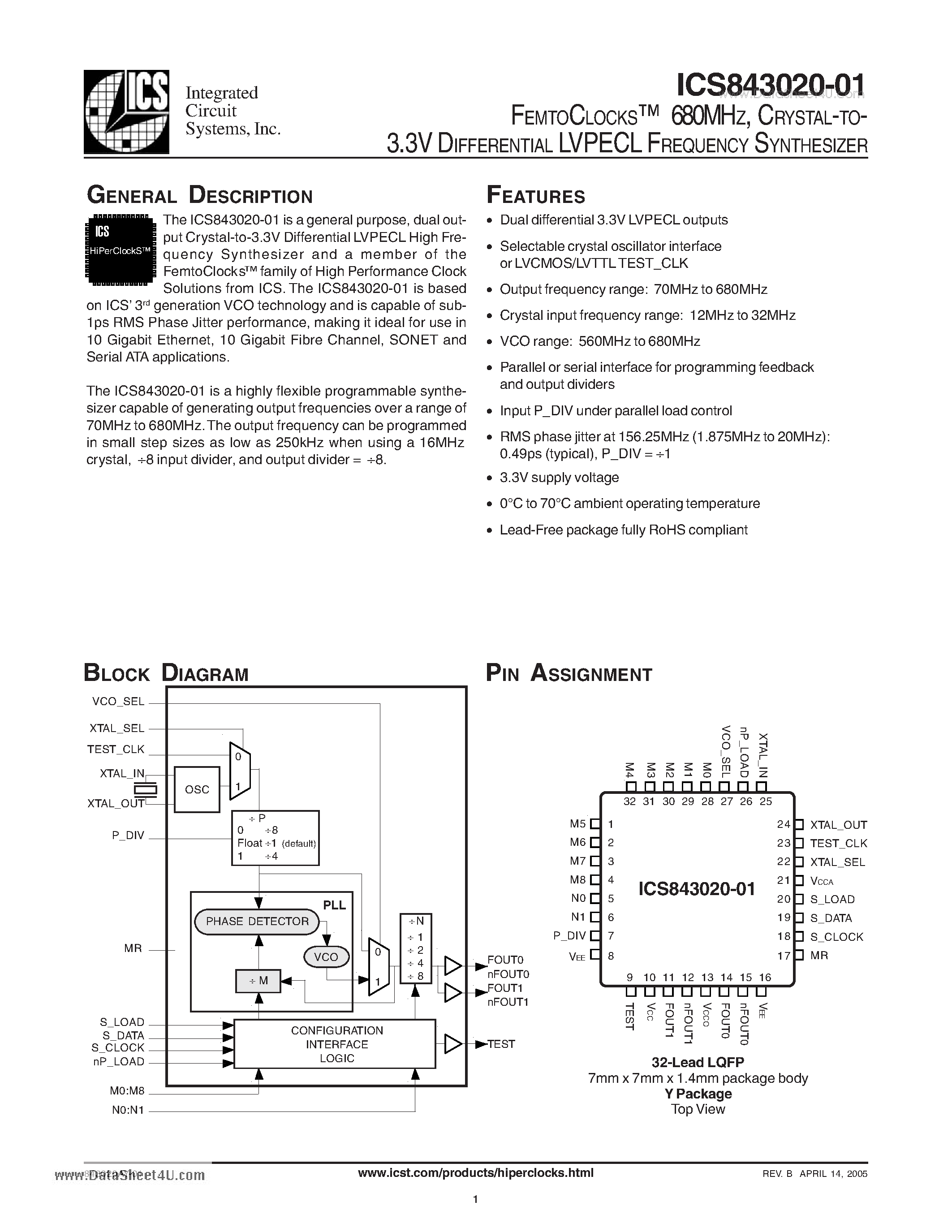 Даташит ICS843020-01 - FEMTOCLOCKS 680MHZ CRYSTAL-TO- 3.3V DIFFERENTIAL LVPECL FREQUENCY SYNTHESIZER страница 1