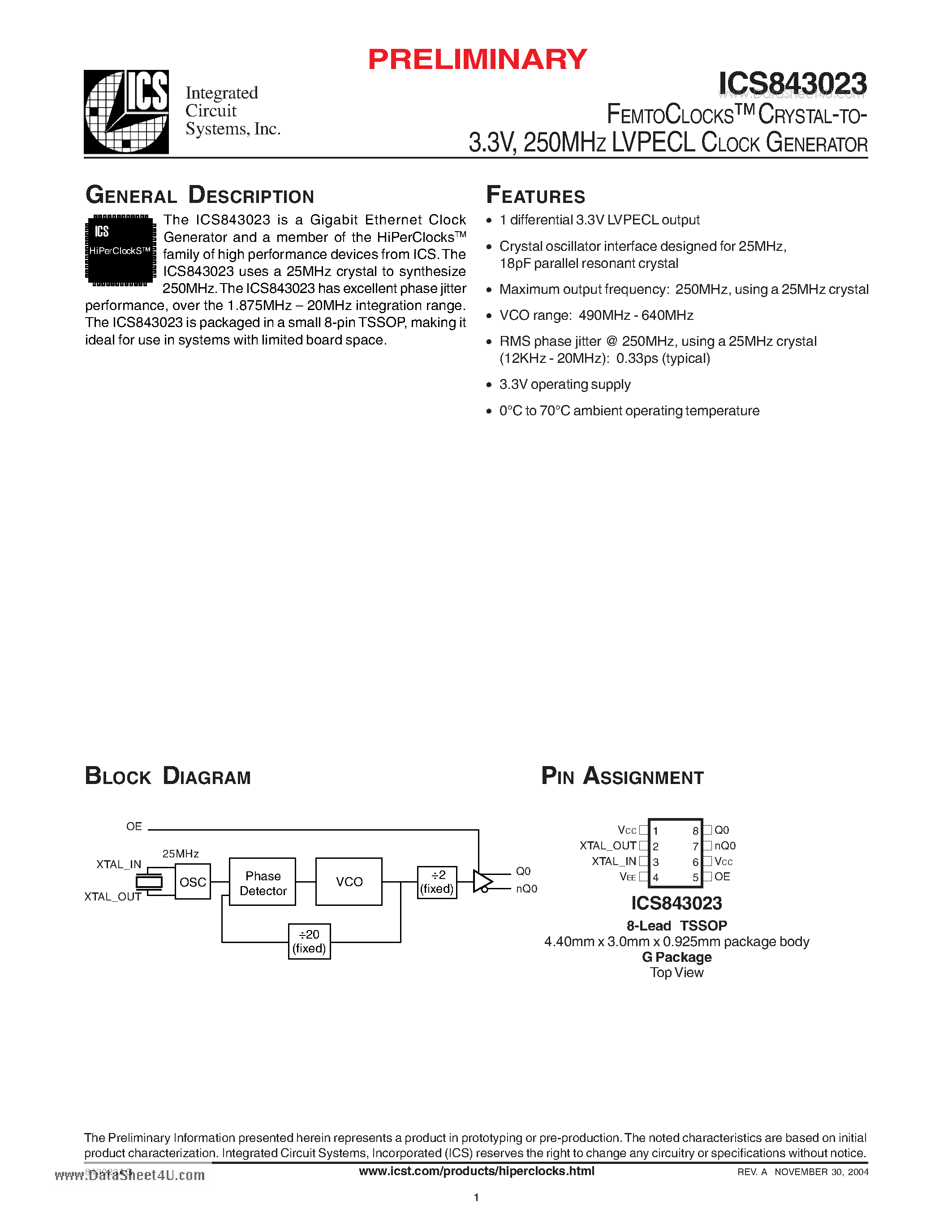 Даташит ICS843023 - 3.3V 250MHZ LVPECL CLOCK GENERATOR страница 1