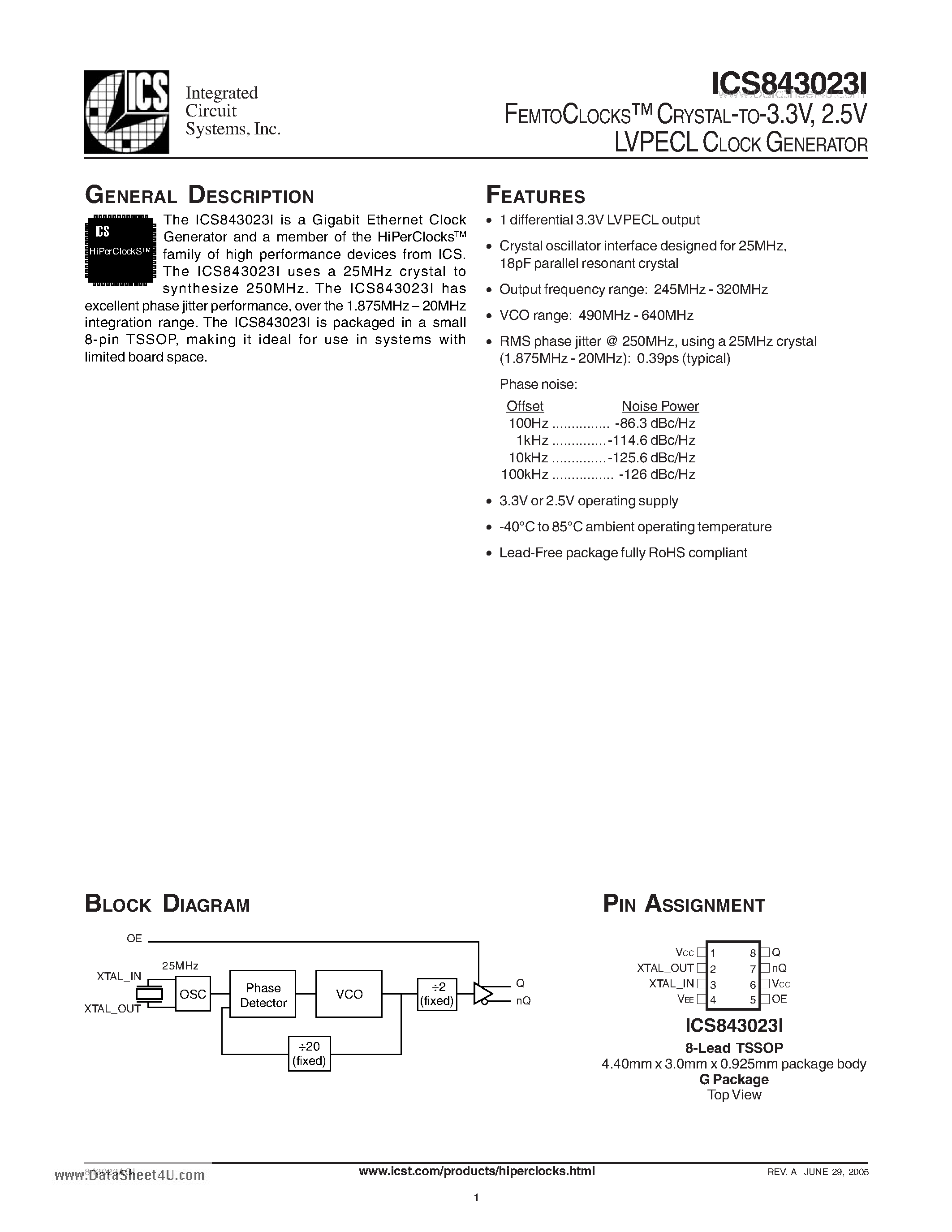 Datasheet ICS843023I page 1 Datasheet ICS843023I - FEMTOCLOCKS CRYSTAL-TO-3.3V 2.5V LVPECL CLOCK GENERATOR page 1