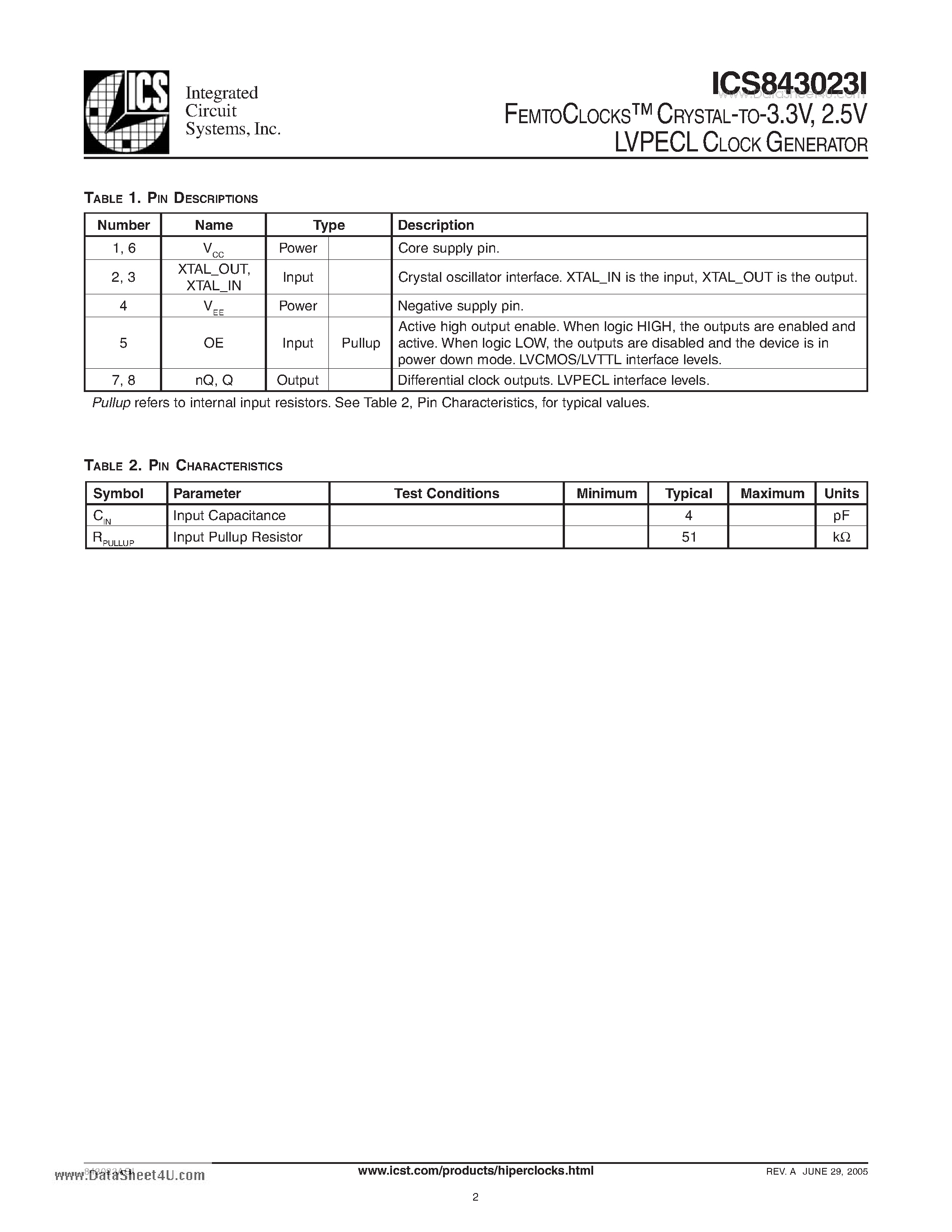 Datasheet ICS843023I page 2 Datasheet ICS843023I - FEMTOCLOCKS CRYSTAL-TO-3.3V 2.5V LVPECL CLOCK GENERATOR page 2