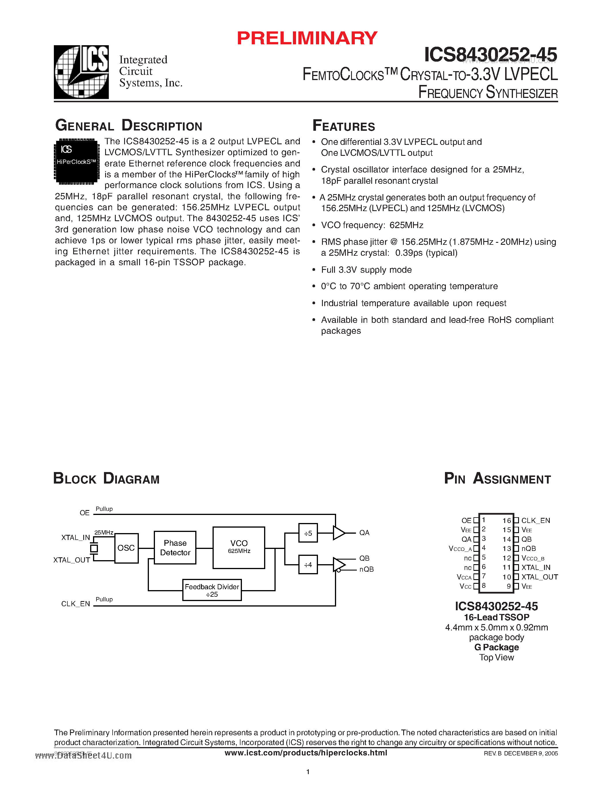 Даташит ICS8430252-45 - FEMTOCLOCKS CRYSTAL-TO-3.3V LVPECL FREQUENCY SYNTHESIZER страница 1