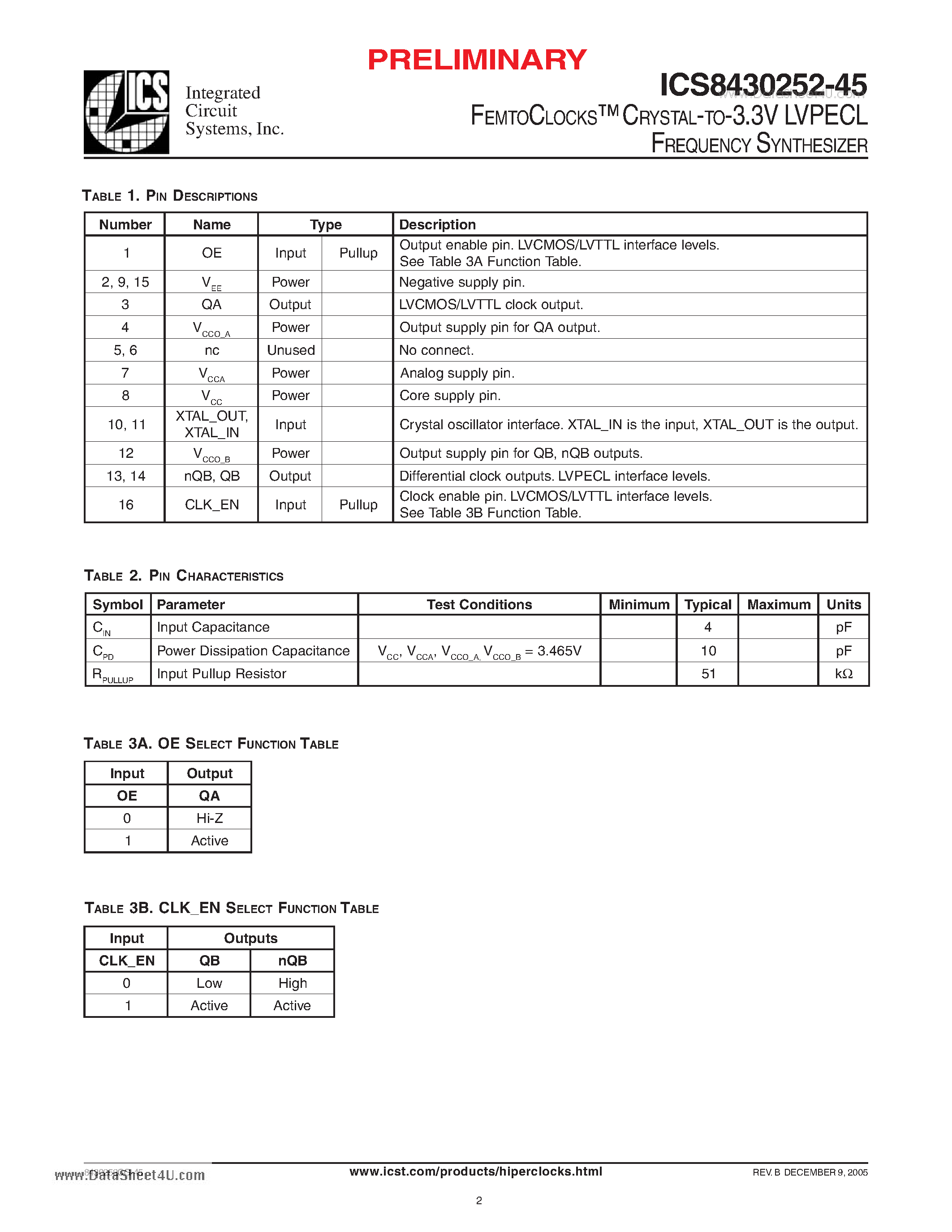 Даташит ICS8430252-45 - FEMTOCLOCKS CRYSTAL-TO-3.3V LVPECL FREQUENCY SYNTHESIZER страница 2