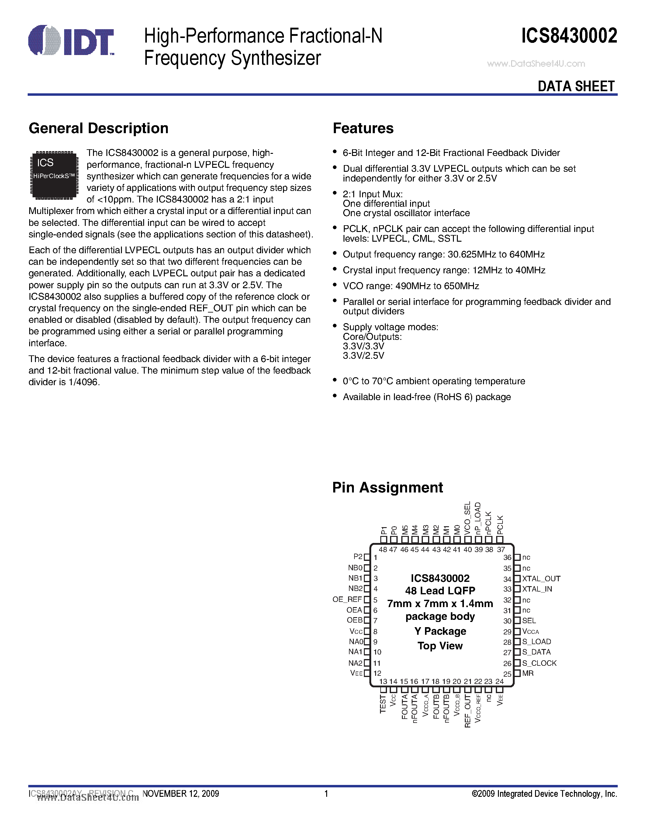 Datasheet ICS8430002 - High-Performance Fractional-N Frequency Synthesizer page 1