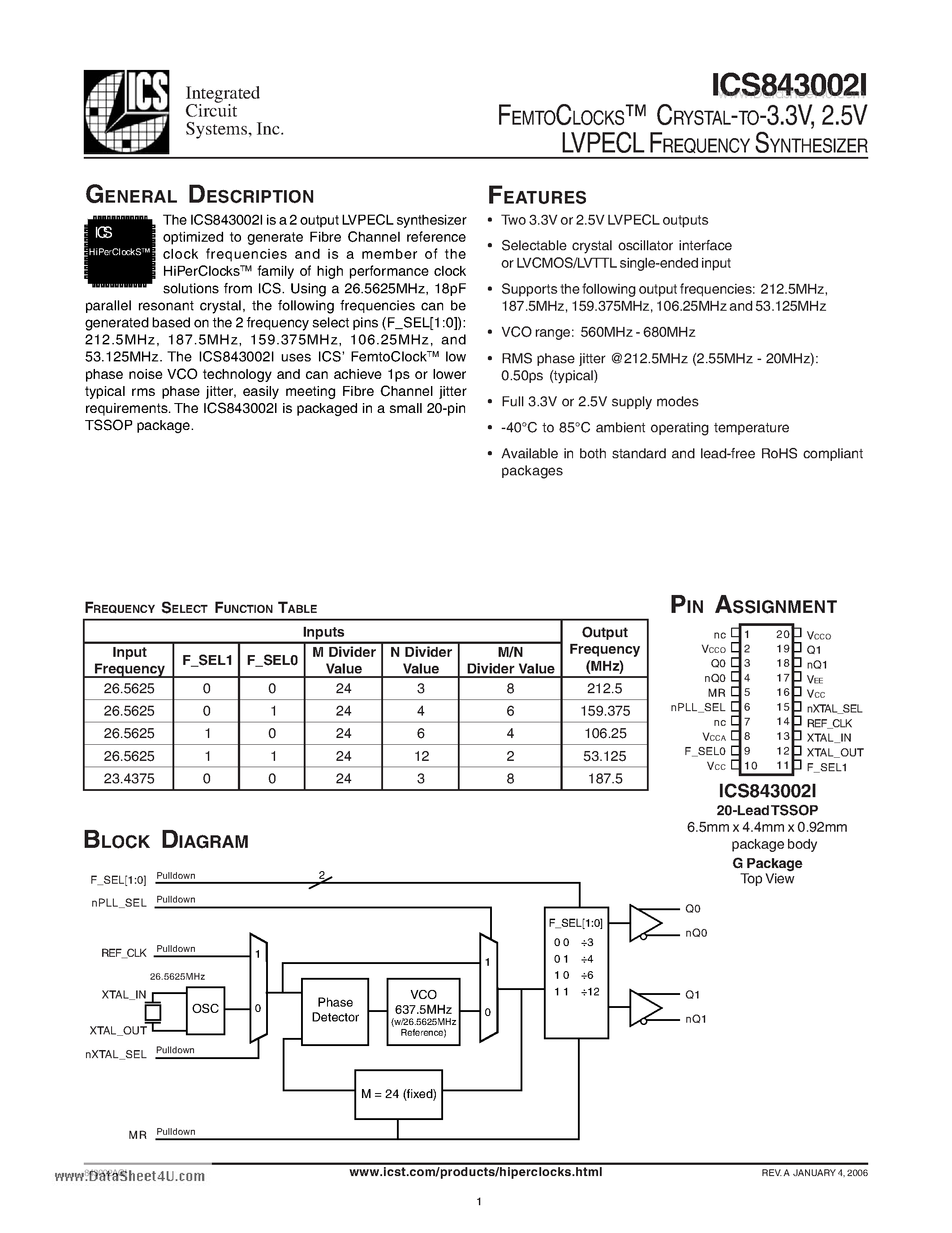Datasheet ICS843002I page 1 Datasheet ICS843002I - FEMTOCLOCKS CRYSTAL-TO-3.3V 2.5V LVPECL FREQUENCY SYNTHESIZER page 1