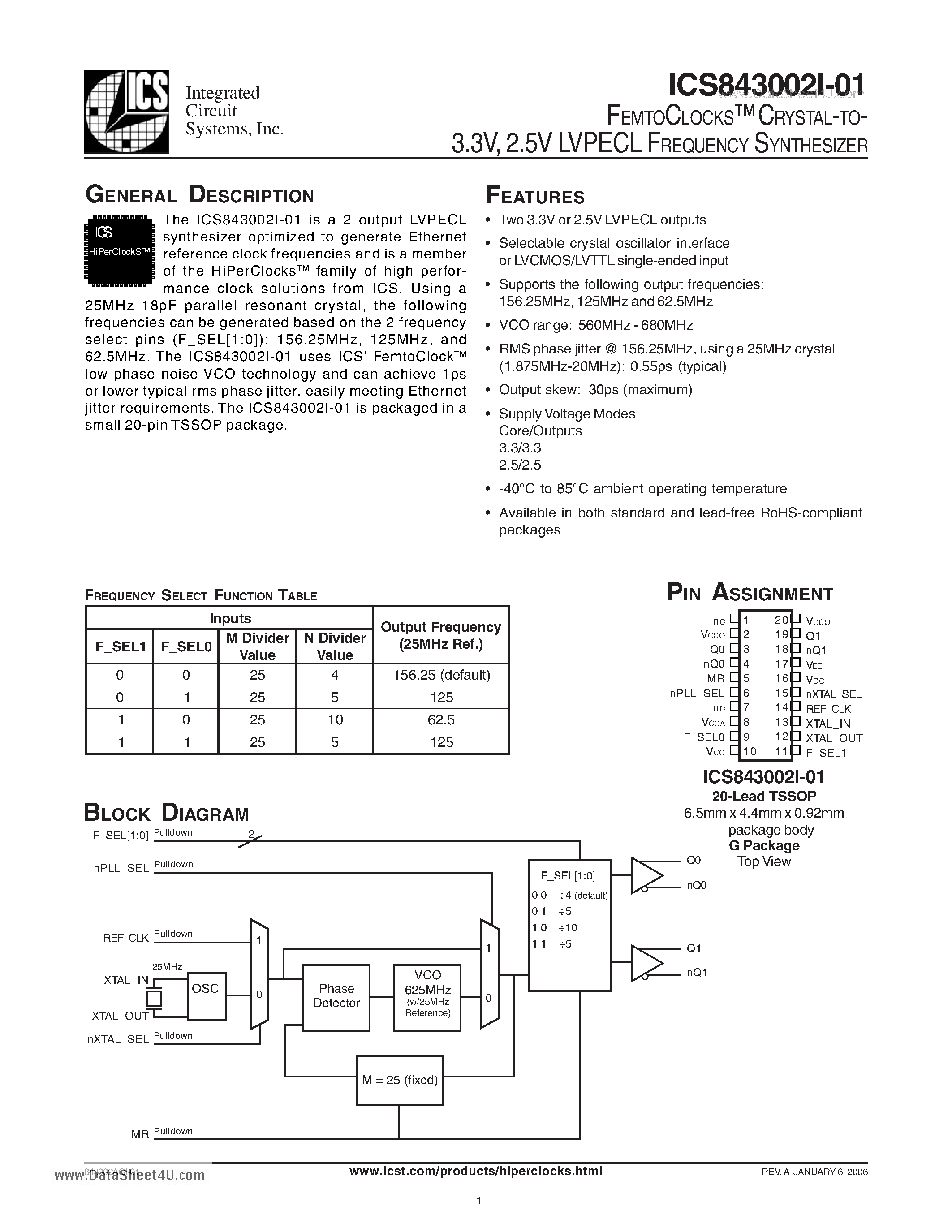 Datasheet ICS843002I-01 page 1 Datasheet ICS843002I-01 - FEMTOCLOCKS CRYSTAL-TO- 3.3V 2.5V LVPECL FREQUENCY SYNTHESIZER page 1