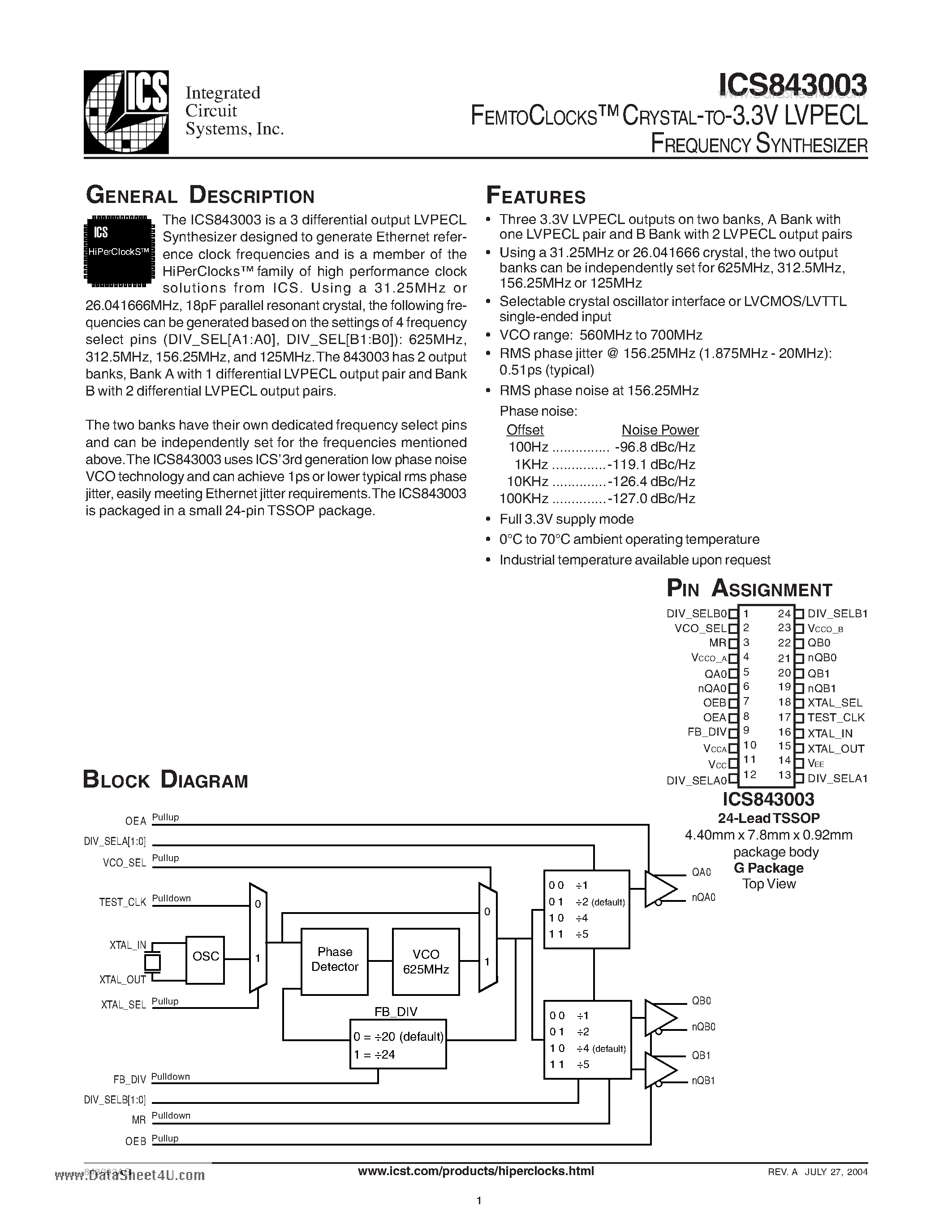 Даташит ICS843003 - FEMTOCLOCKS CRYSTAL-TO-3.3V LVPECL FREQUENCY SYNTHESIZER страница 1