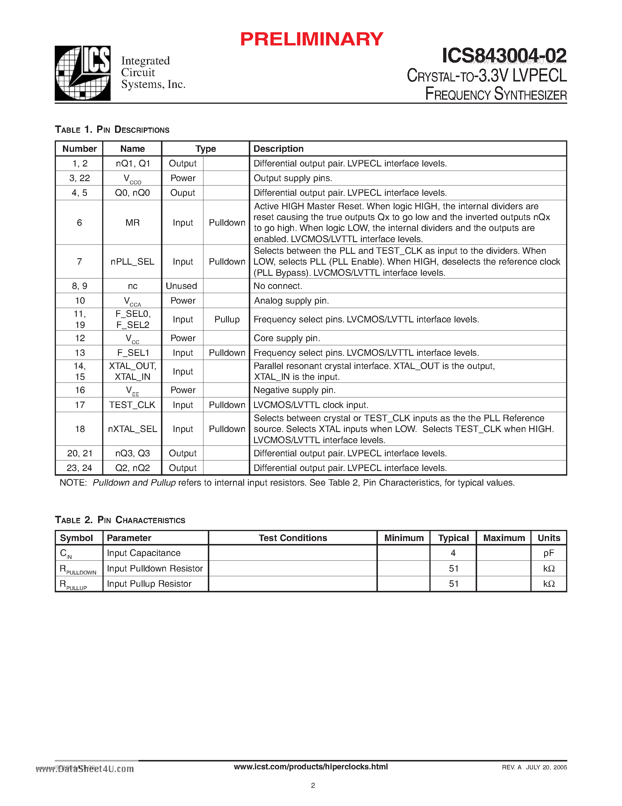 Даташит ICS843004-02 - CRYSTAL-TO-3.3V LVPECL FREQUENCY SYNTHESIZER страница 2