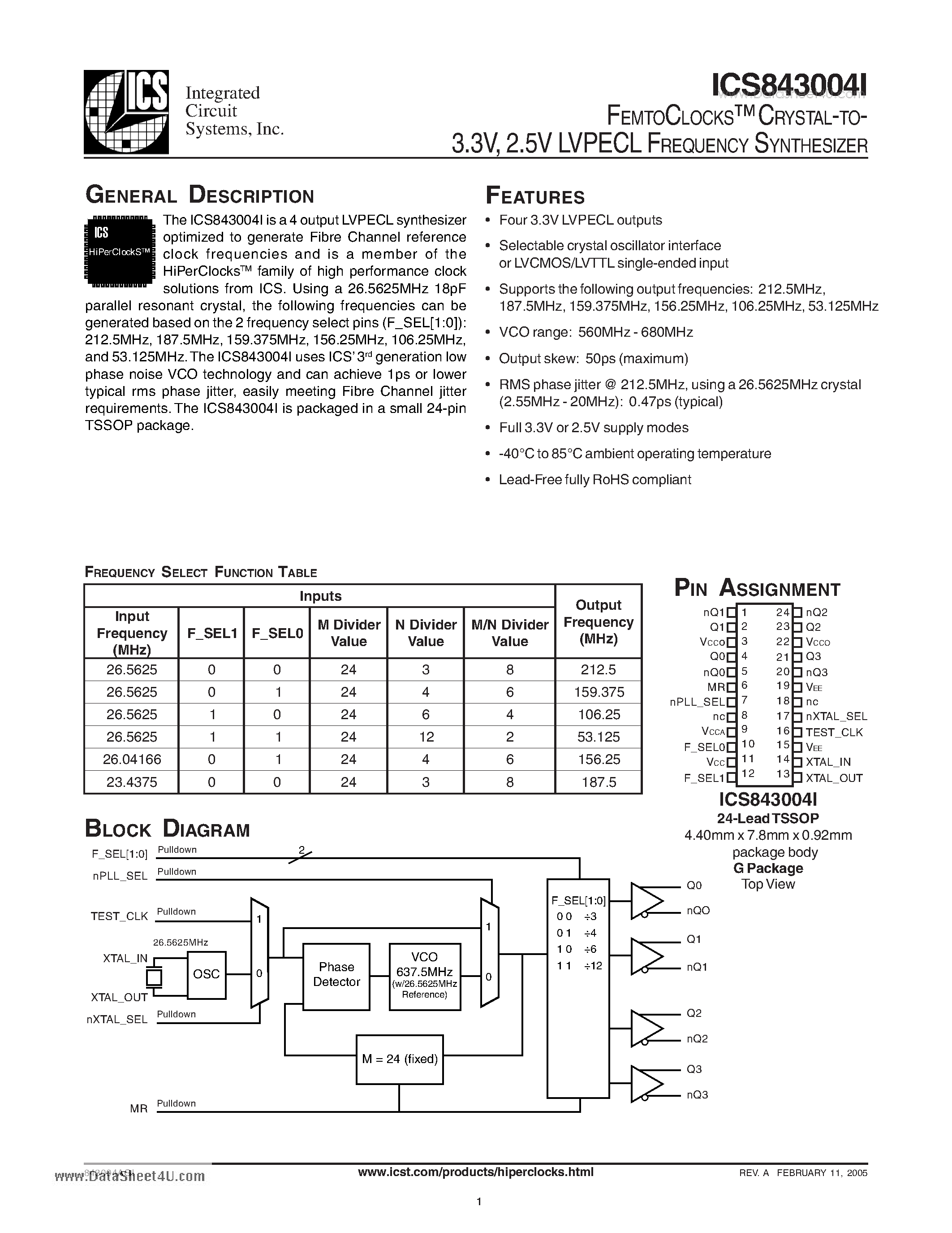 Datasheet ICS843004I page 1 Datasheet ICS843004I - FEMTOCLOCKS- CRYSTAL-TO- 3.3V 2.5V LVPECL FREQUENCY SYNTHESIZER page 1