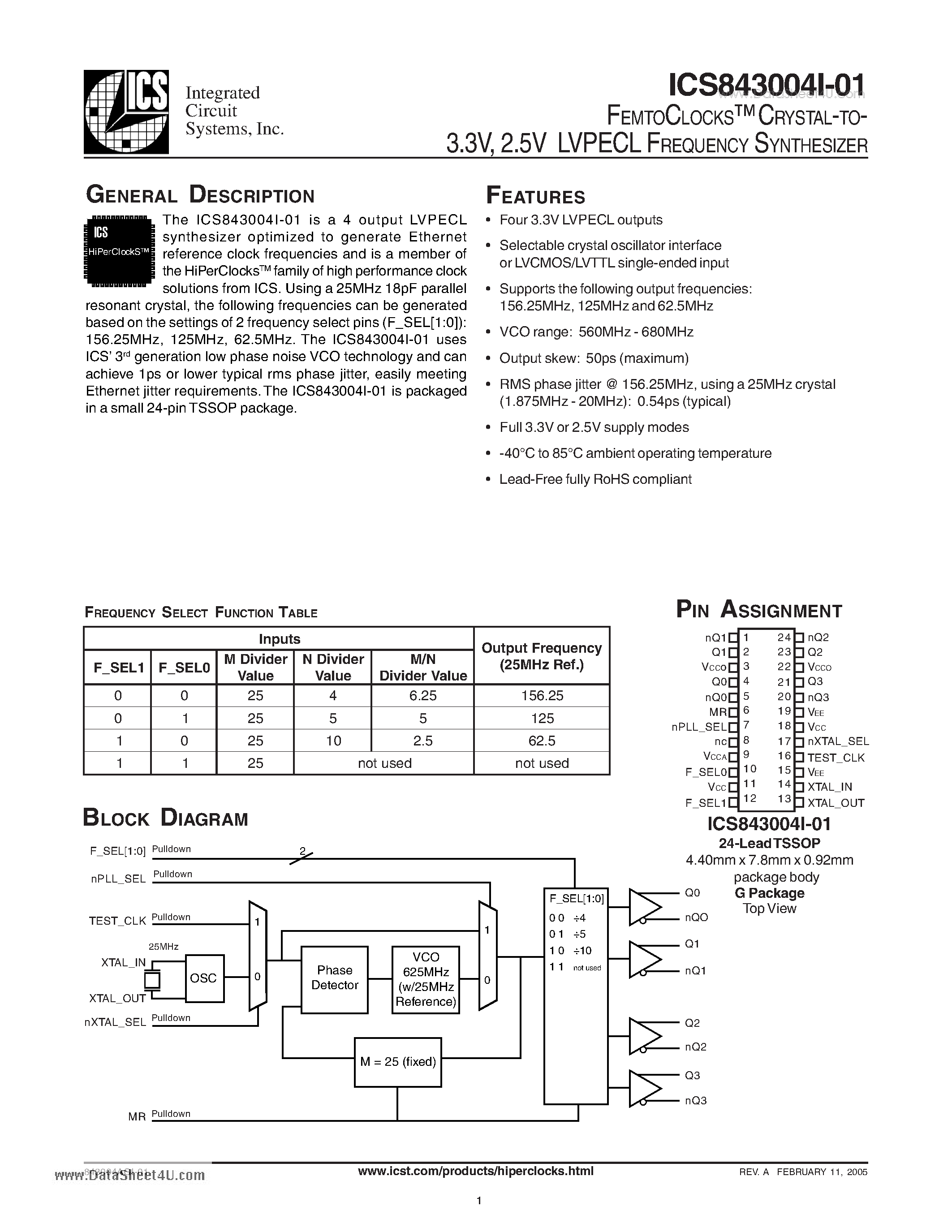 Datasheet ICS843004I-01 page 1 Datasheet ICS843004I-01 - FEMTOCLOCKS- CRYSTAL-TO- 3.3V 2.5V LVPECL FREQUENCY SYNTHESIZER page 1