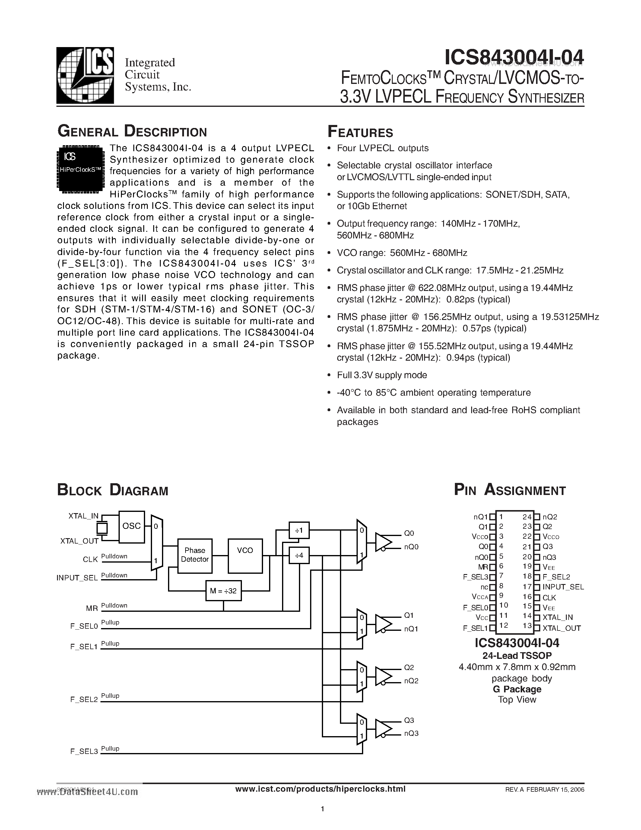Даташит ICS843004I-04 - FEMTOCLOCKS- CRYSTAL/LVCMOS-TO- 3.3V LVPECL FREQUENCY SYNTHESIZER страница 1