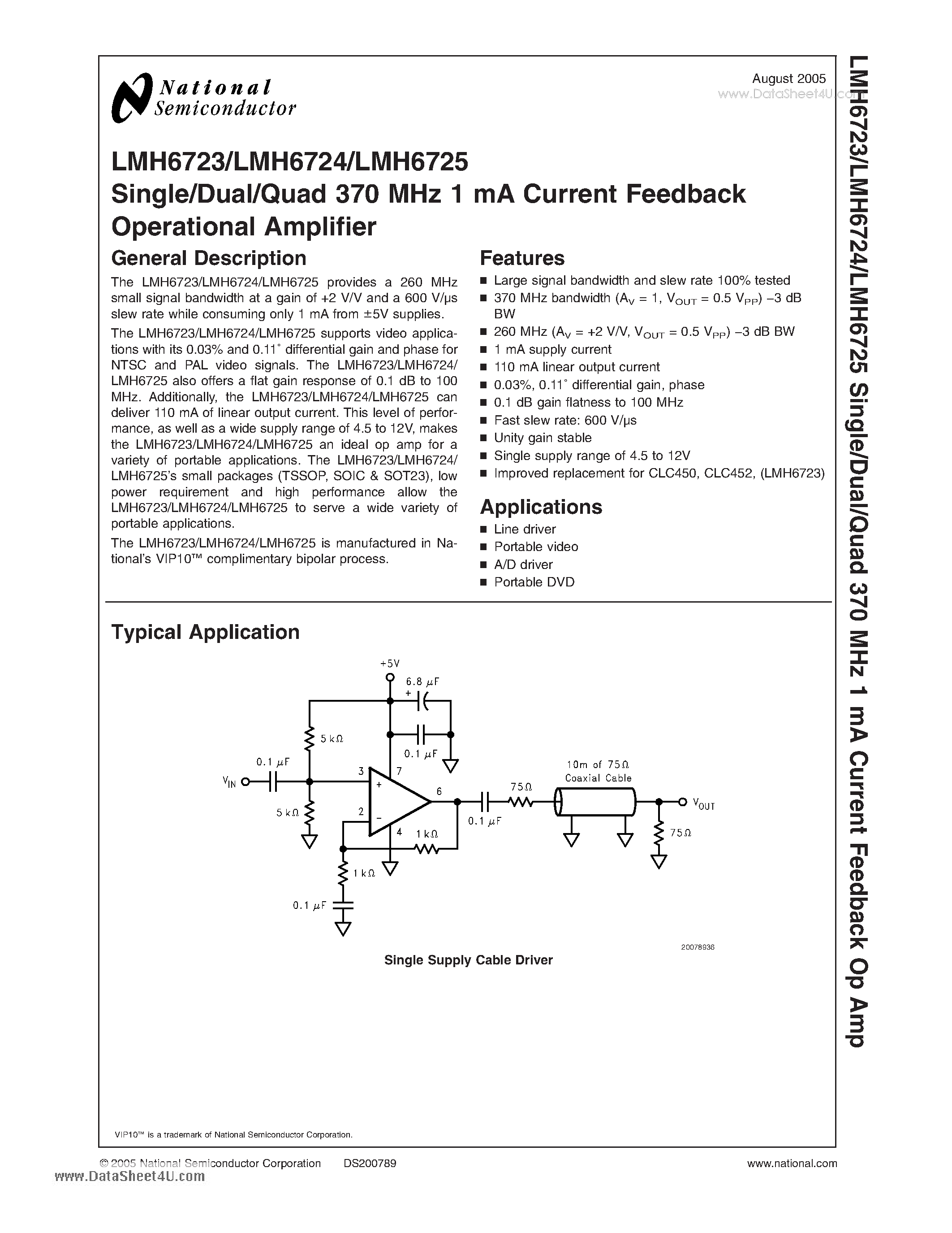 Даташит на микросхему LMH6723 страница 1 Даташит LMH6723 - Single/Dual/Quad 370 MHz 1 mA Current Feedback Op Amp страница 1