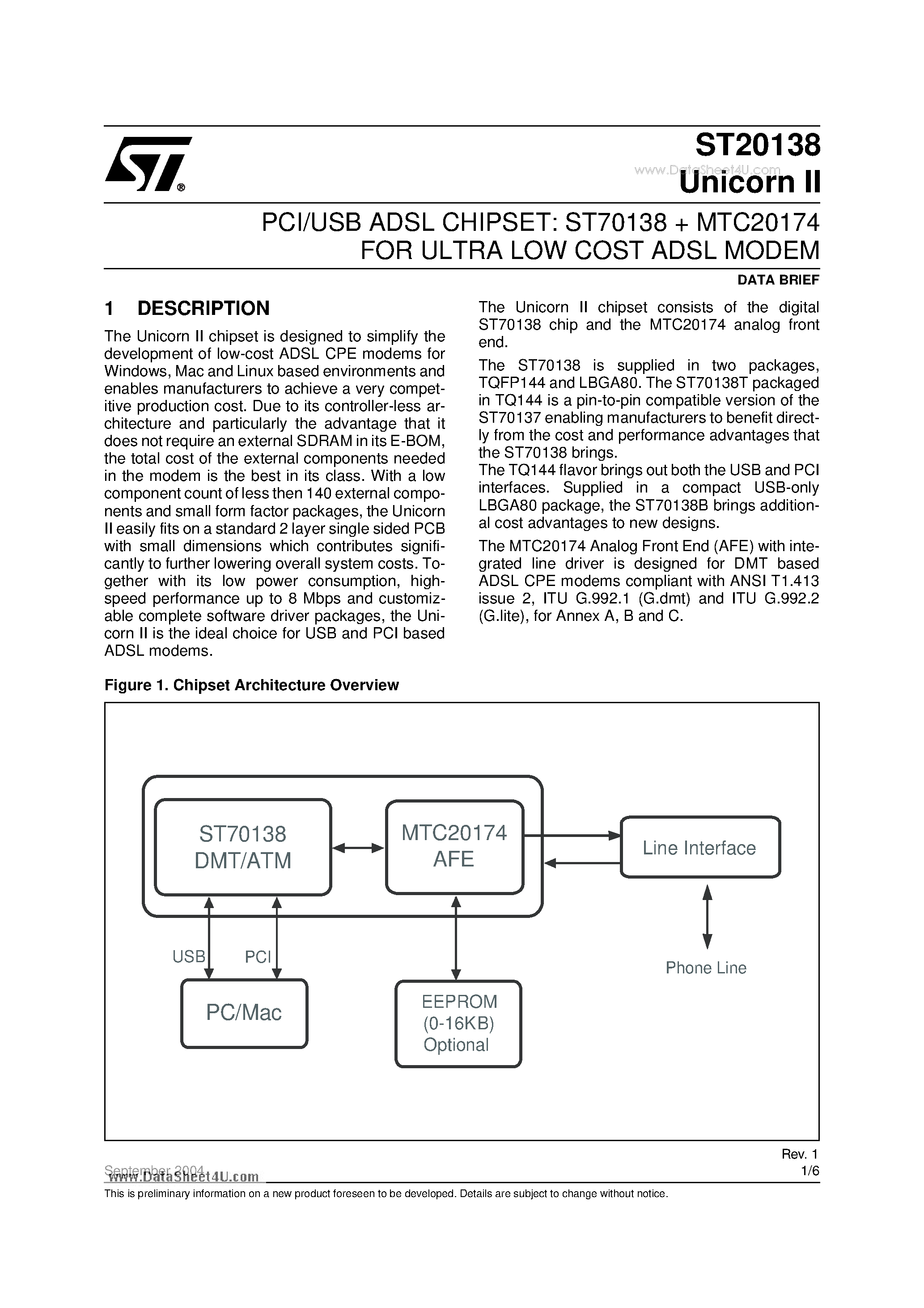 Datasheet ST20138 page 1 Datasheet ST20138 - PCI/USB ADSL CHIPSET page 1