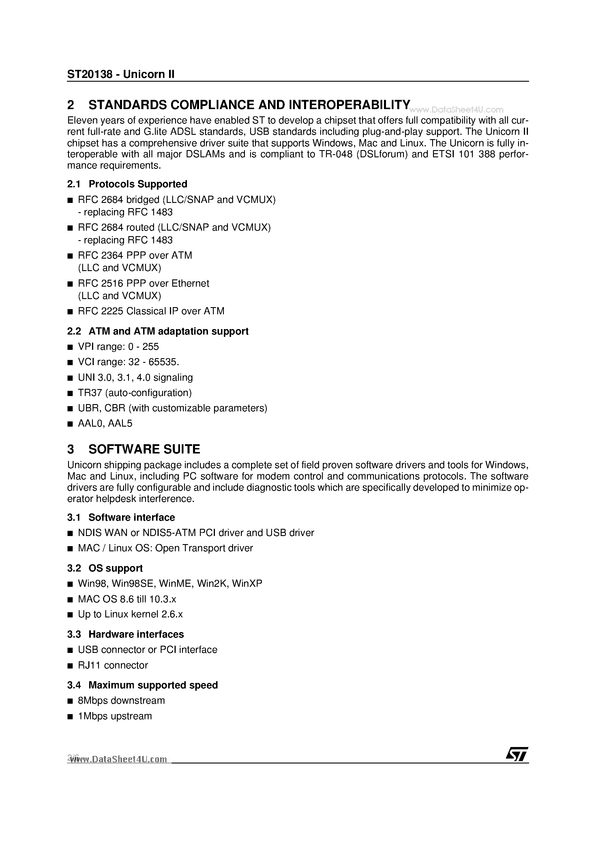 Datasheet ST20138 page 2 Datasheet ST20138 - PCI/USB ADSL CHIPSET page 2