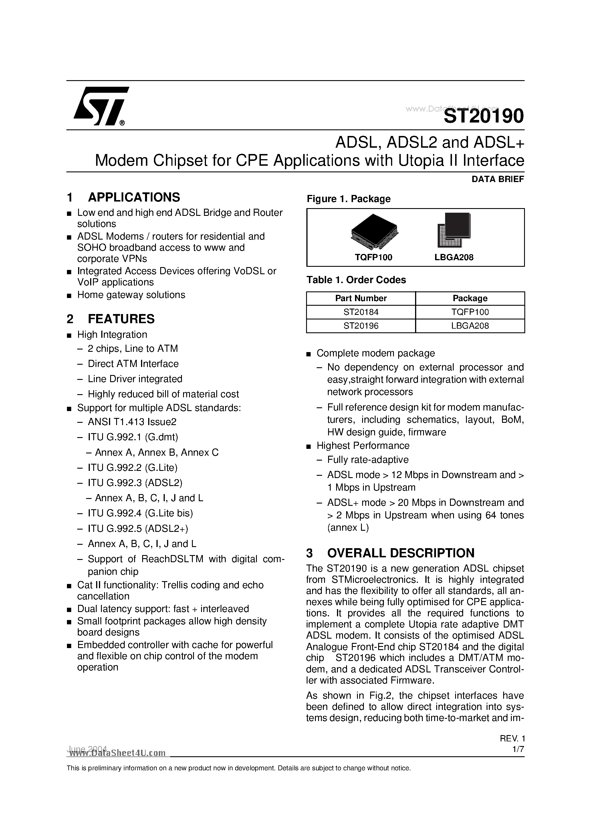 Datasheet ST20190 page 1 Datasheet ST20190 - ADSL ADSL2 and ADSL Modem Chipset page 1