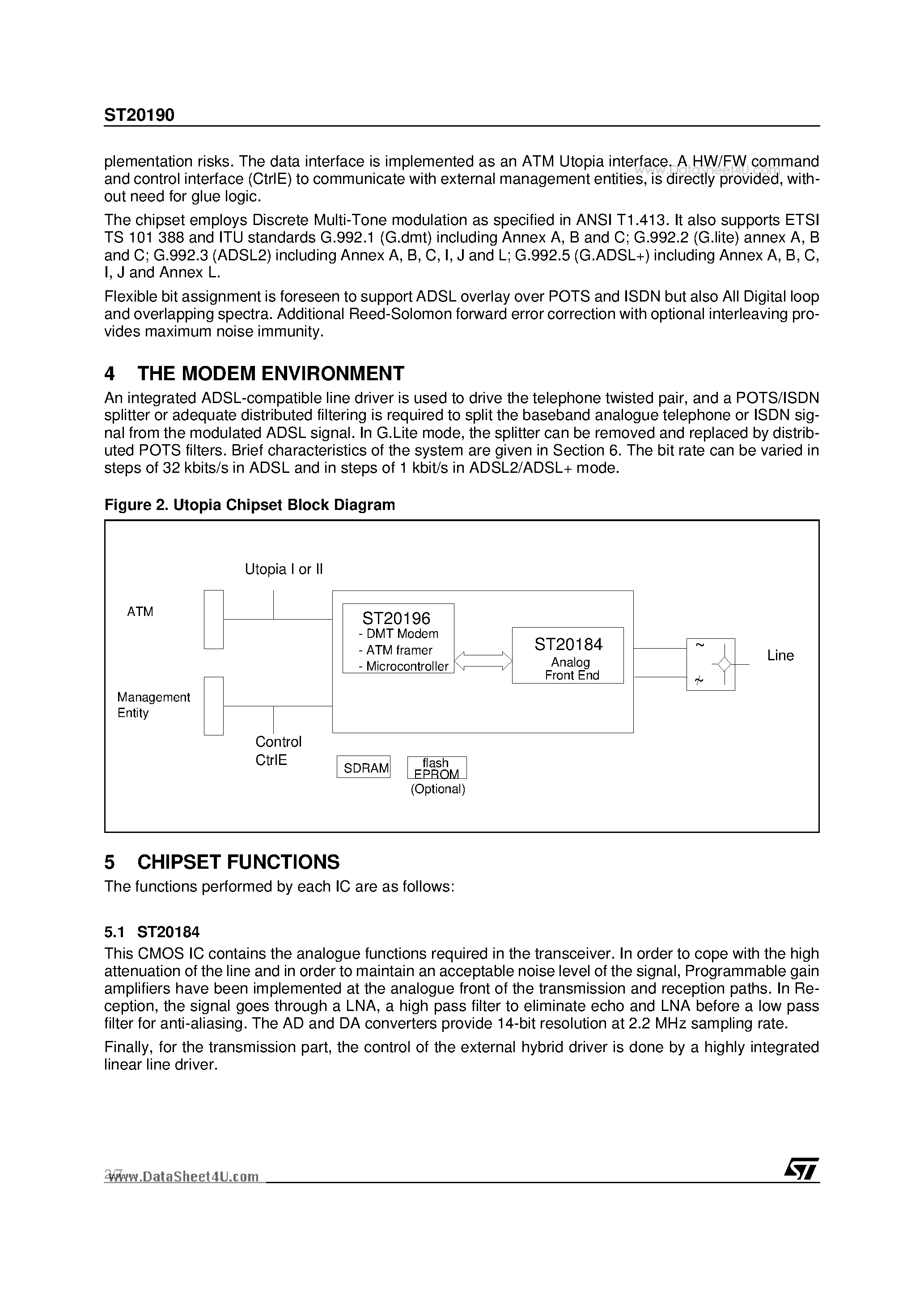 Datasheet ST20190 page 2 Datasheet ST20190 - ADSL ADSL2 and ADSL Modem Chipset page 2