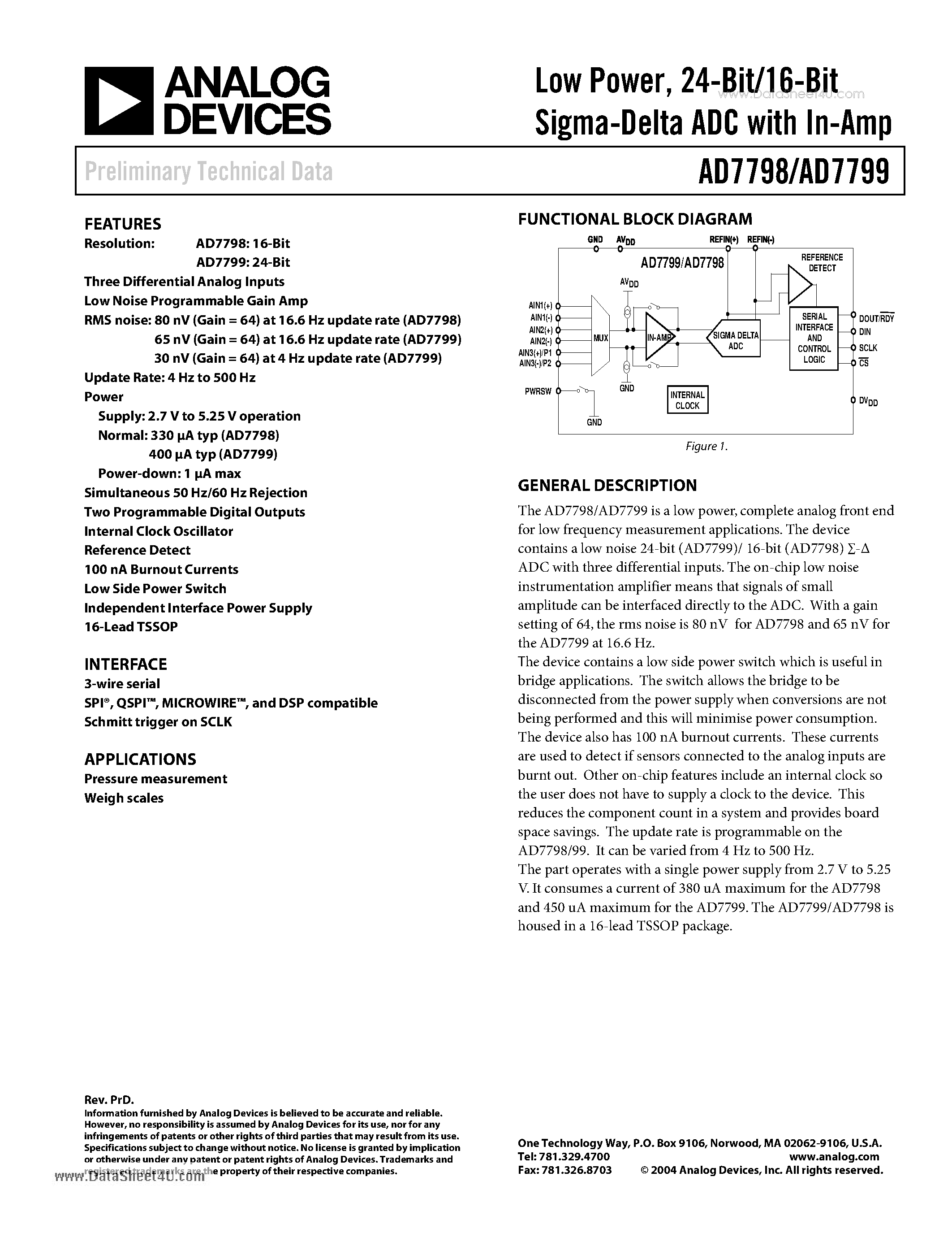 Datasheet AD7798 - Low Power 24-Bit/16-Bit Sigma-Delta ADC page 1