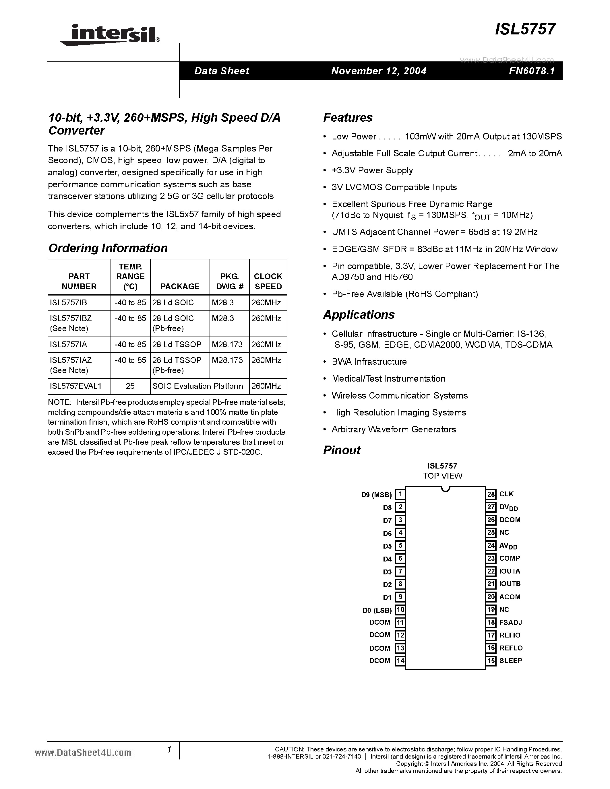 Даташит ISL5757 - 10-bit 3.3V 260MSPS High Speed D/A Converter страница 1