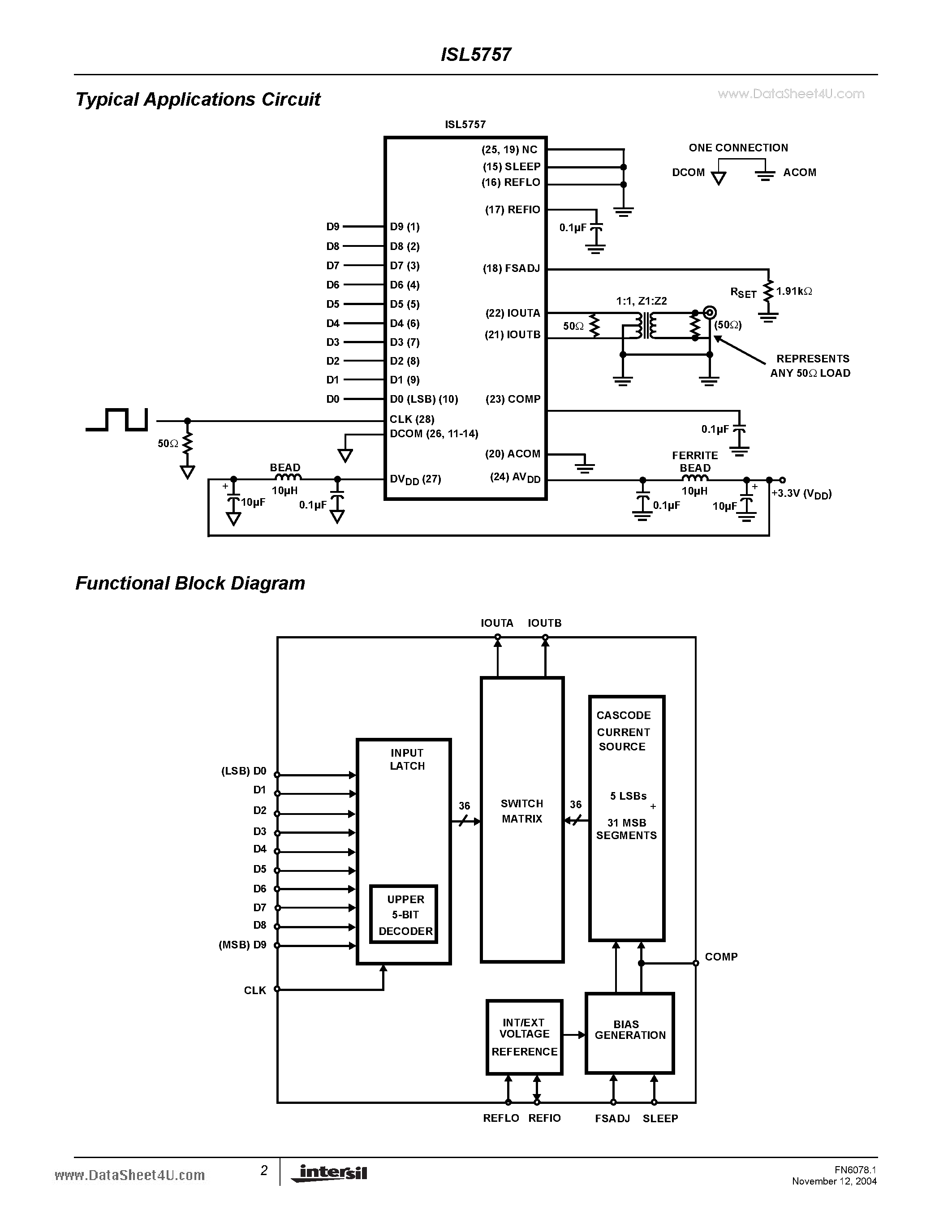Даташит ISL5757 - 10-bit 3.3V 260MSPS High Speed D/A Converter страница 2