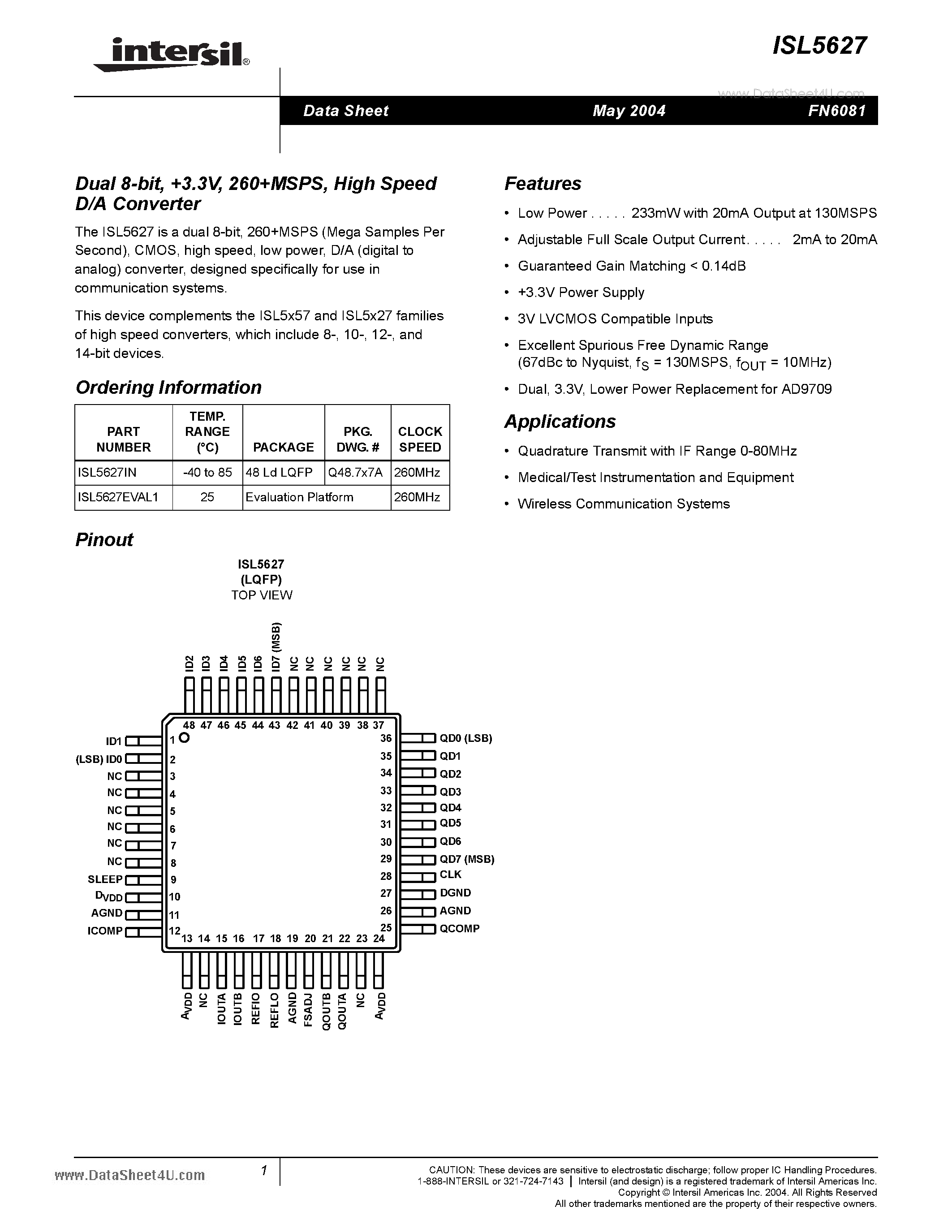 Даташит ISL5627 - Dual 8-bit 3.3V 260MSPS High Speed D/A Converter страница 1