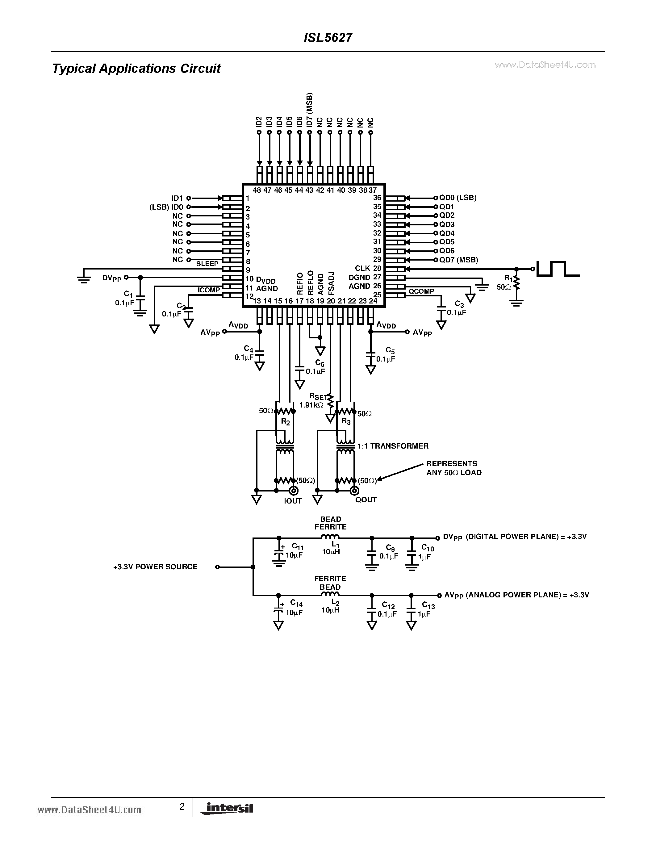 Даташит ISL5627 - Dual 8-bit 3.3V 260MSPS High Speed D/A Converter страница 2