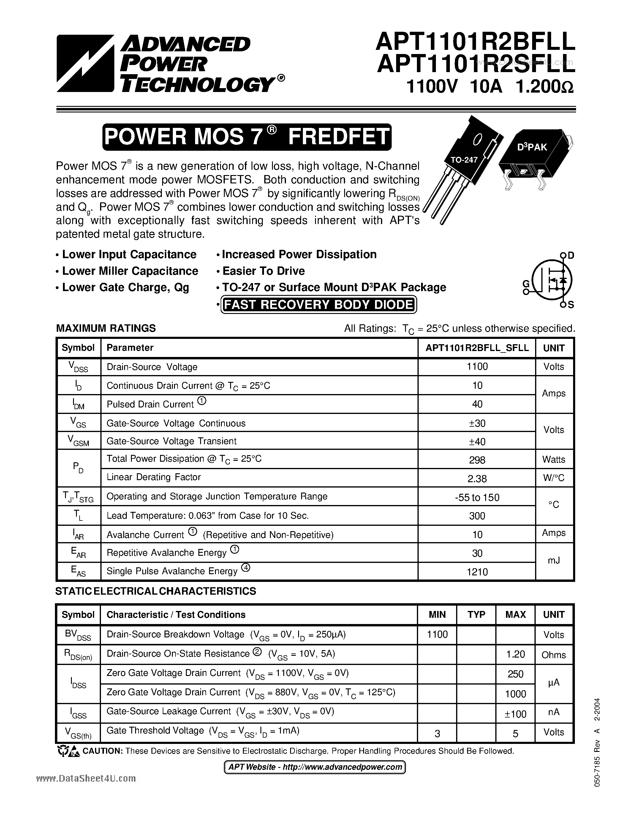 Datasheet APT1101R2BFLL page 1 Datasheet APT1101R2BFLL - POWER MOS 7 FREDFET page 1