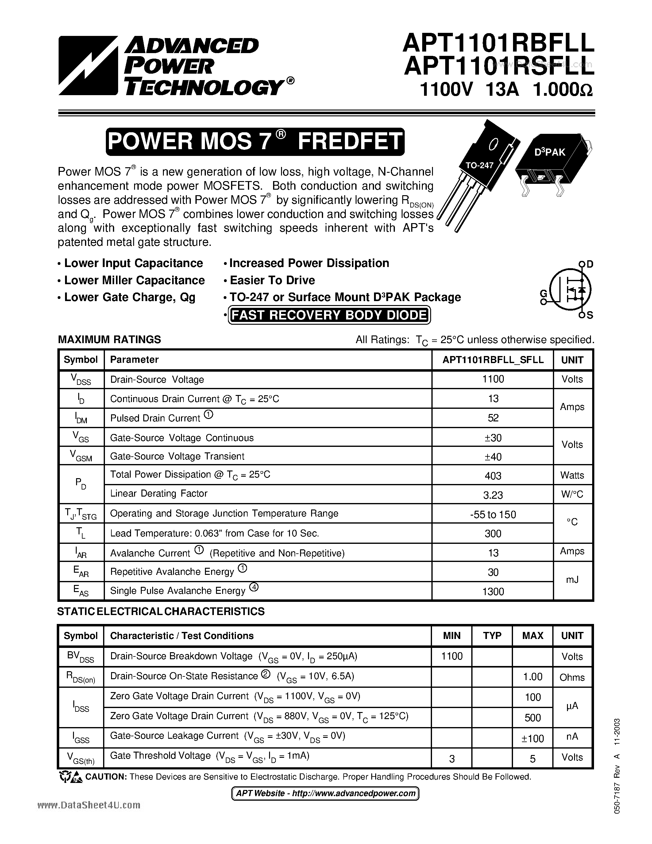 Datasheet APT1101RBFLL - POWER MOS 7 FREDFET page 1