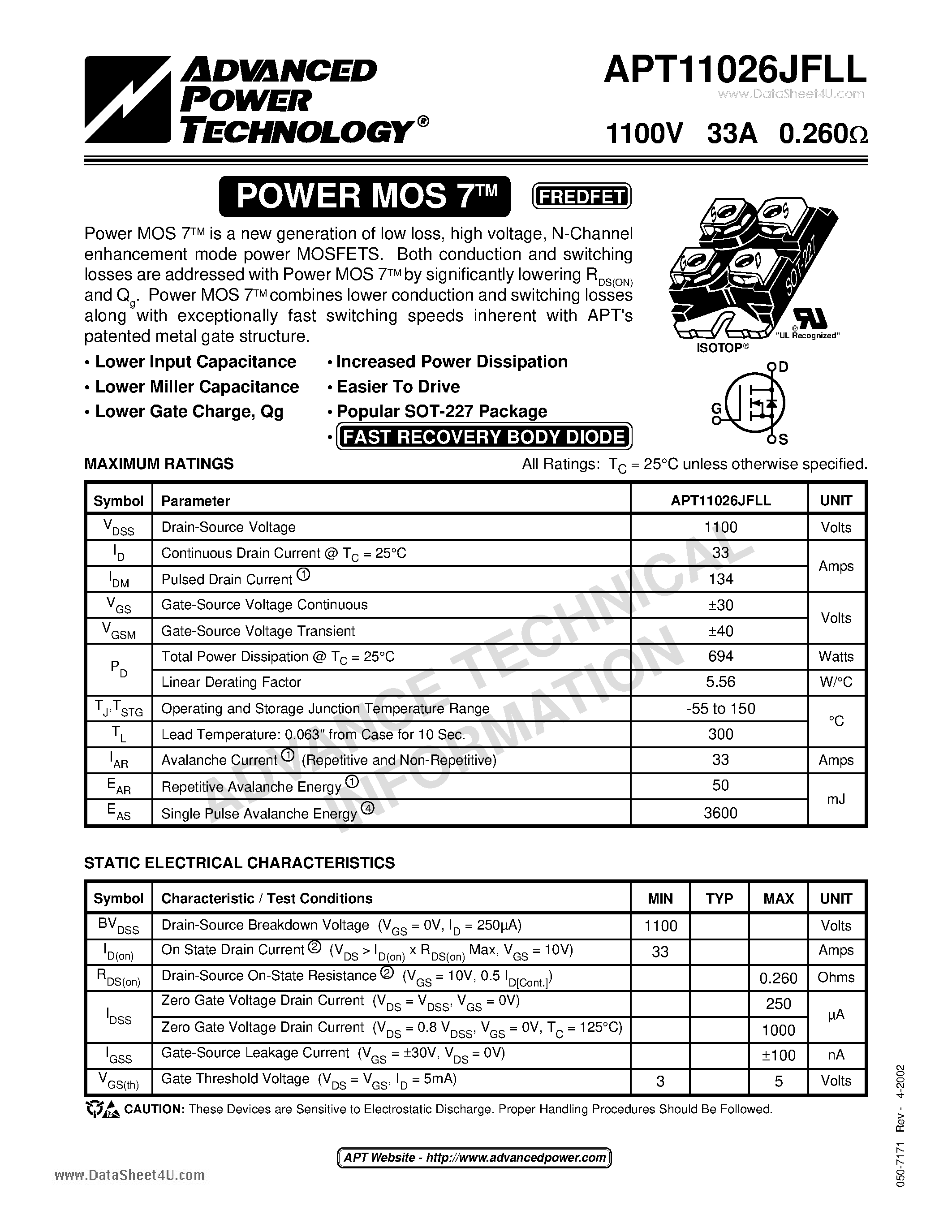 Datasheet APT11026JFLL page 1 Datasheet APT11026JFLL - POWER MOS 7 FREDFET page 1