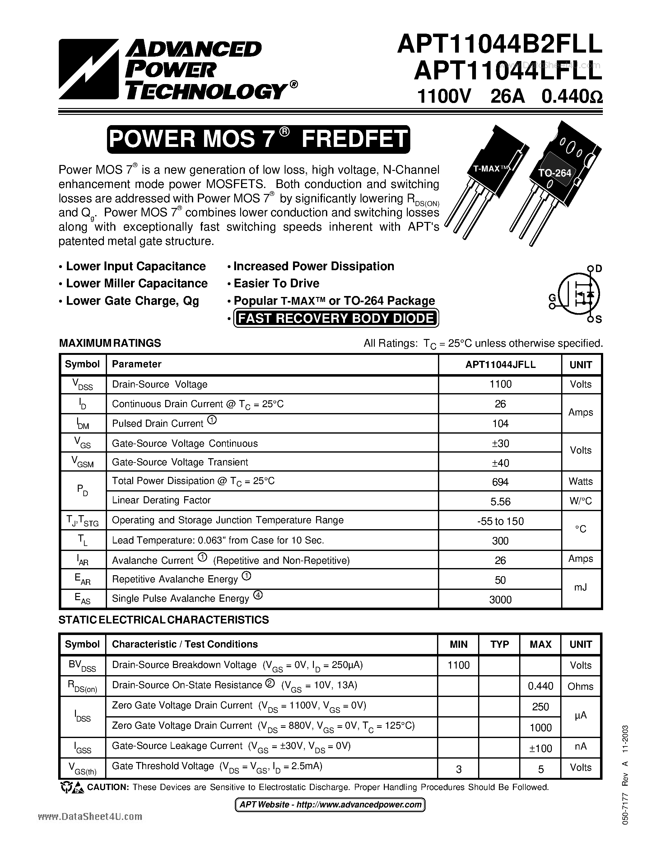 Datasheet APT11044B2FLL - POWER MOS 7 FREDFET page 1