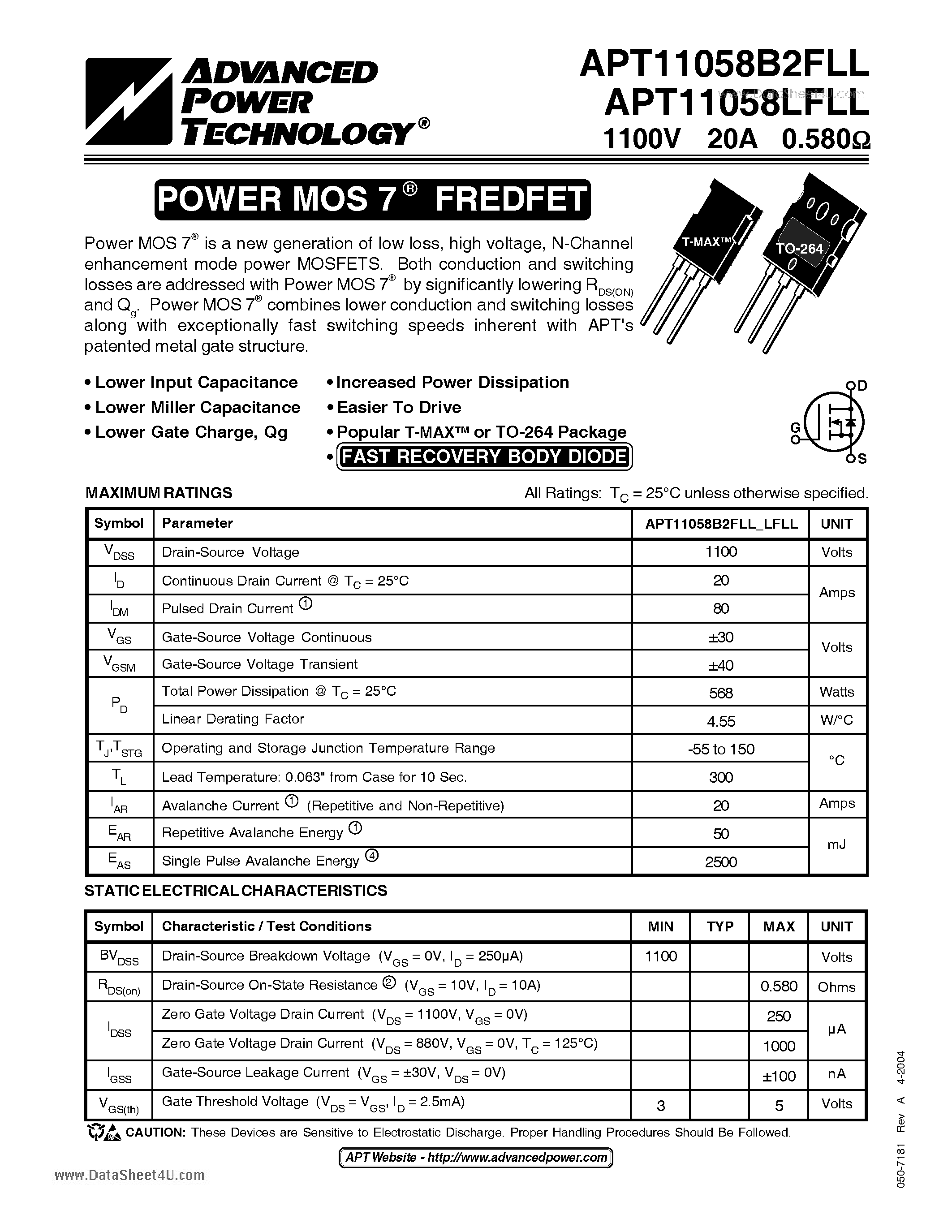Datasheet APT11058B2FLL - POWER MOS 7 FREDFET page 1